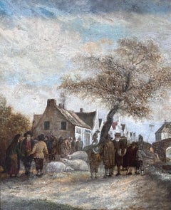 Fine Quality Early 1800's Dutch Oil Painting Farmers Market Gathering Figures