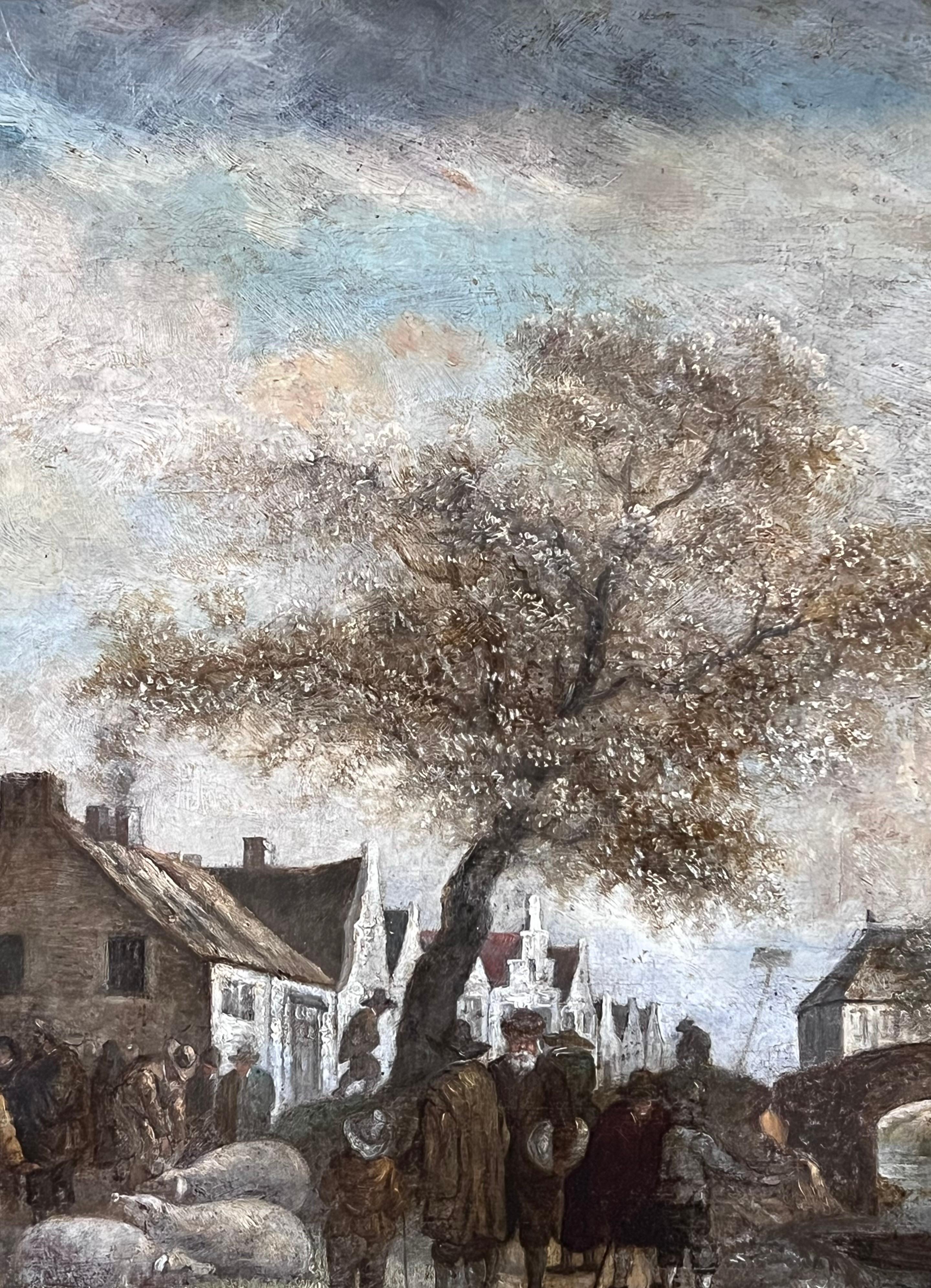 Pintura al óleo holandesa de principios del siglo XIX de gran calidad QUality Farmers Market Gathering Figures - Painting Escuela holandesa de Dutch 1800's