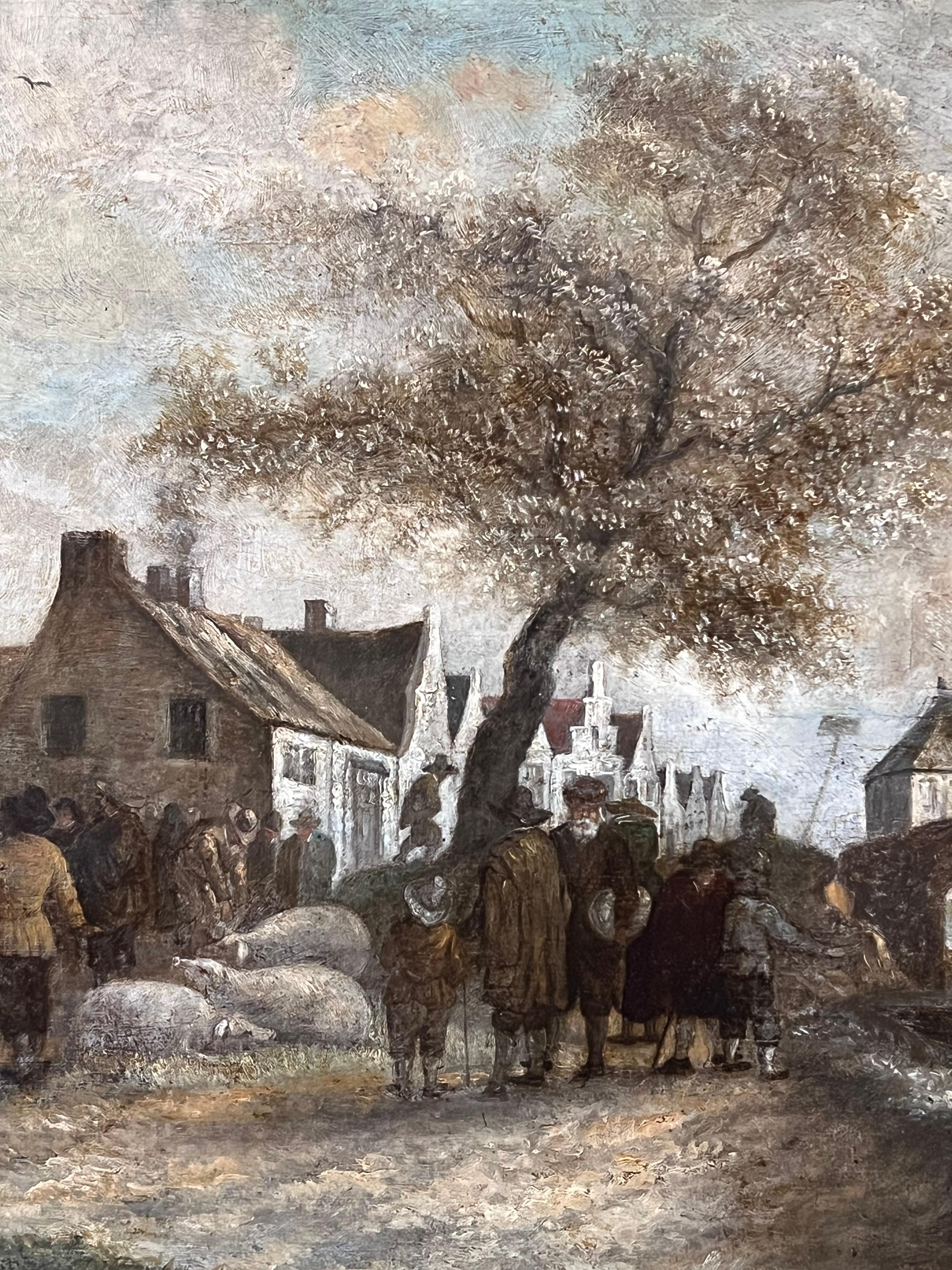 Pintura al óleo holandesa de principios del siglo XIX de gran calidad QUality Farmers Market Gathering Figures - Figurative Painting Negro de Dutch 1800's