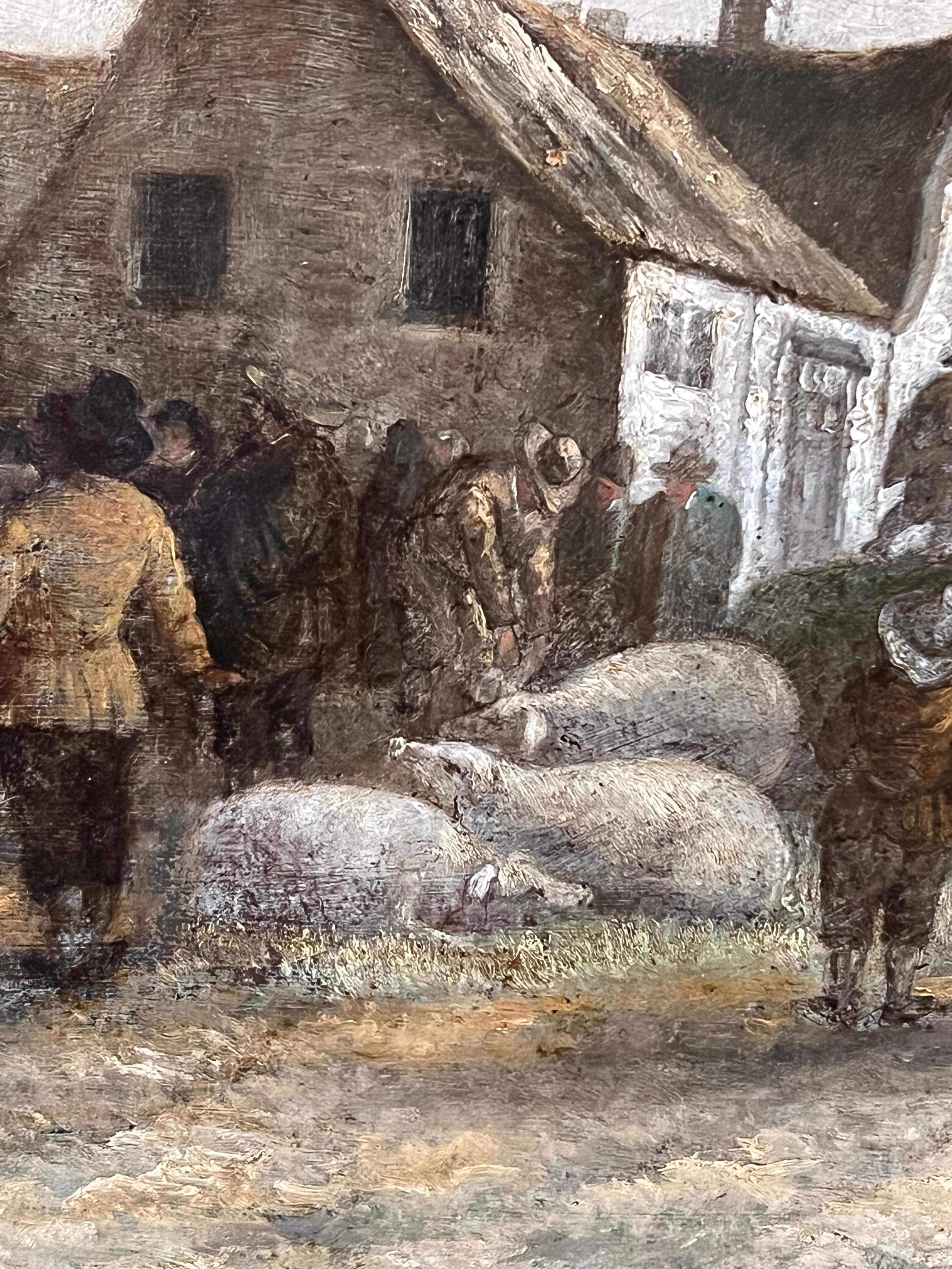 Pintura al óleo holandesa de principios del siglo XIX de gran calidad QUality Farmers Market Gathering Figures en venta 4