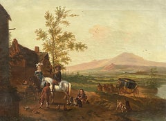Travellers at Roadside Tavern Pausing for Refreshments, Fine 1800's Dutch Oil