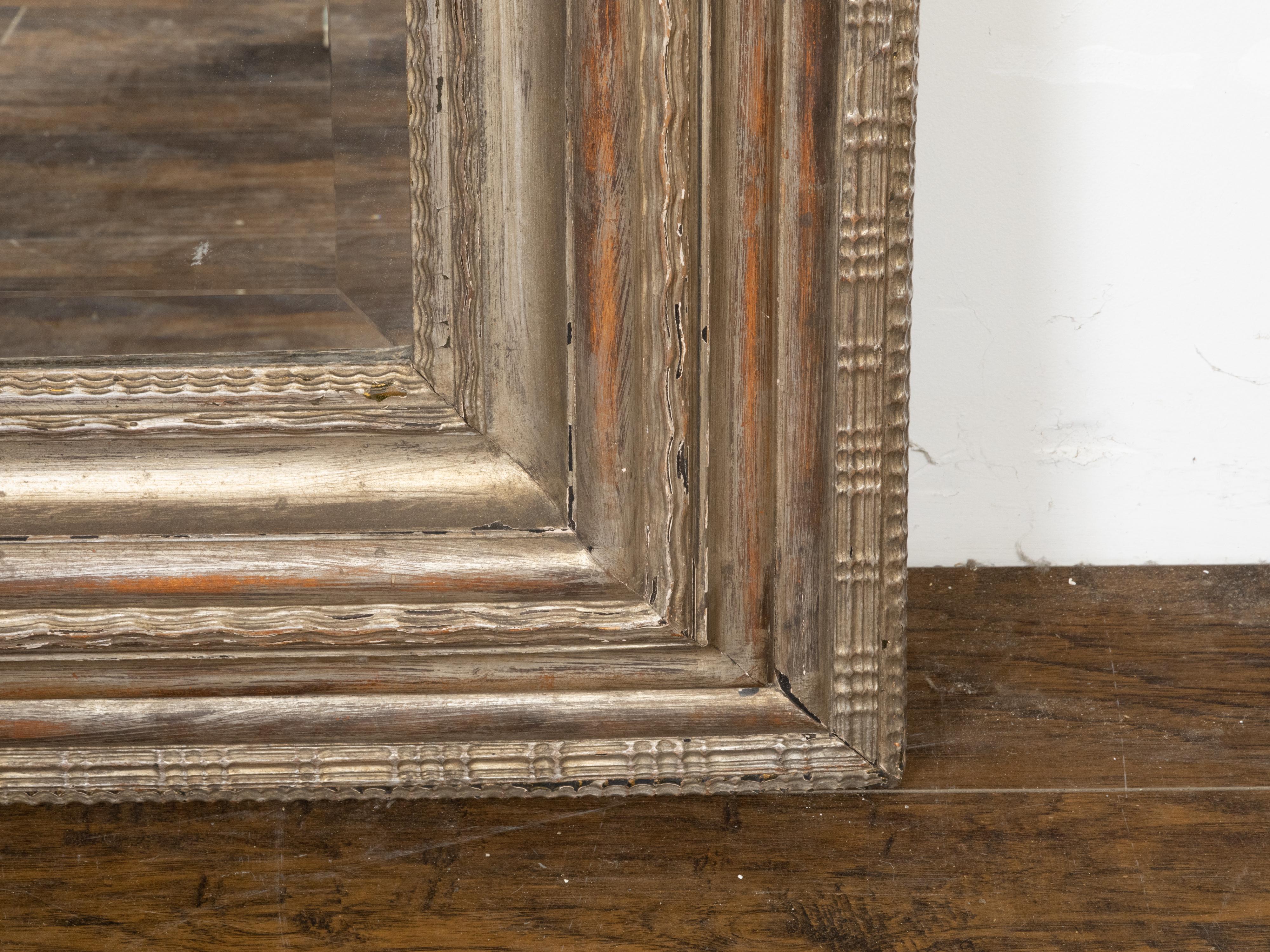 19th Century Dutch 1800s Silver Leaf Gilt Mirror with Carved Grooved Motifs and Beveled Plate For Sale