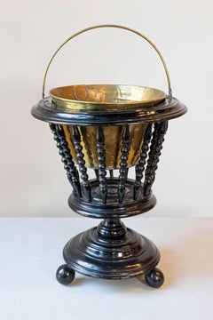 Dutch 1840s Ebonized Wood Jardinière with Brass Liner and Turned Spindles