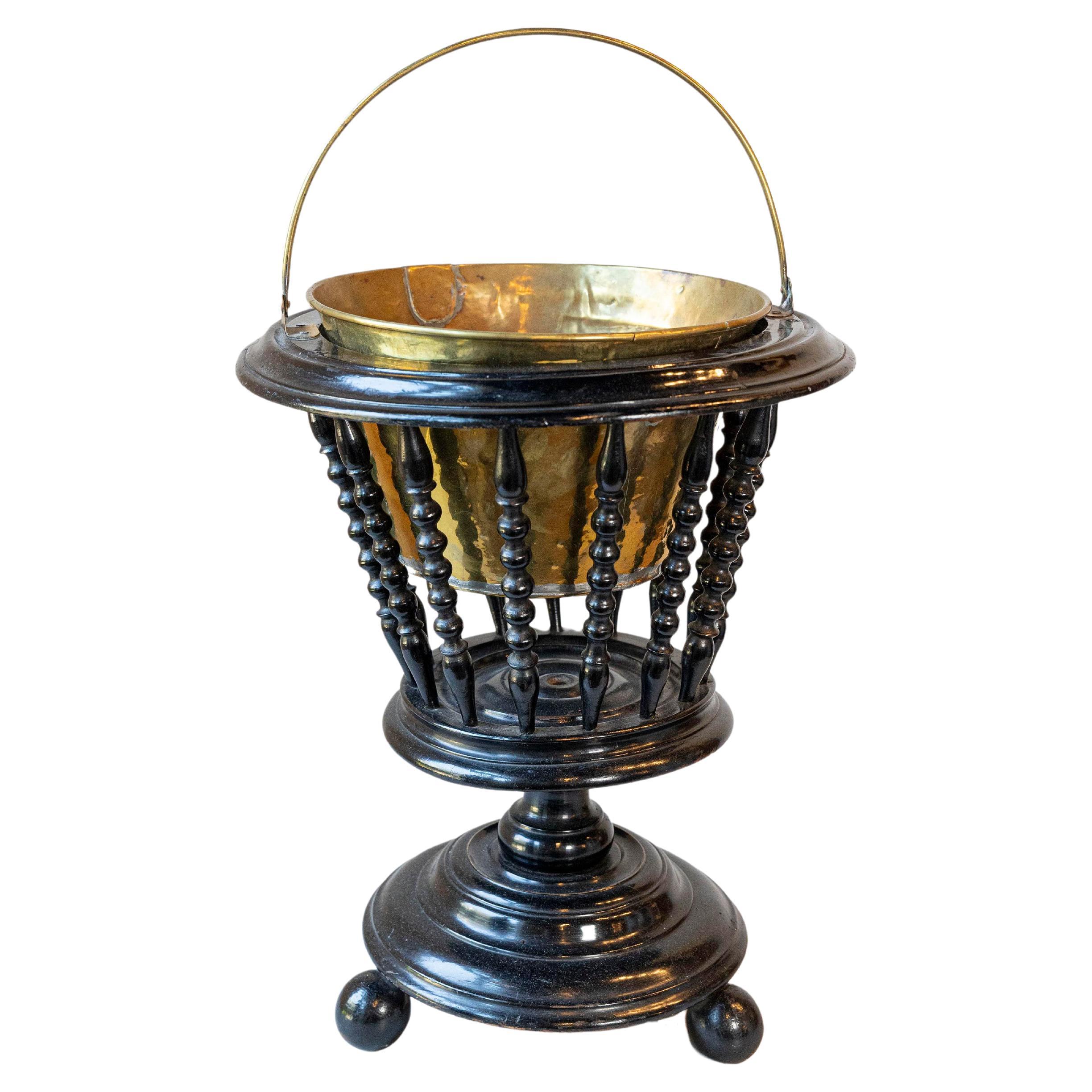 Dutch 1840s Ebonized Wood Jardinière with Brass Liner and Turned Spindles