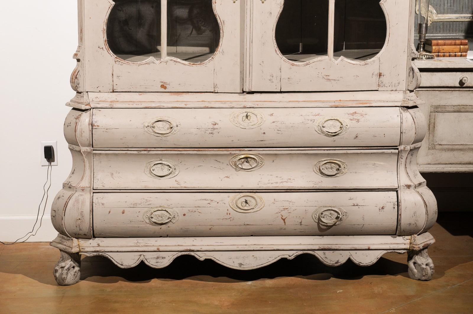 Dutch 1850s Rococo Revival Painted Cabinet with Glass Doors and Bombé Chest In Good Condition For Sale In Atlanta, GA