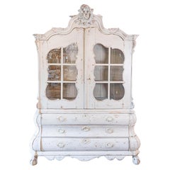Dutch 1850s Rococo Revival Painted Cabinet with Glass Doors and Bombé Chest