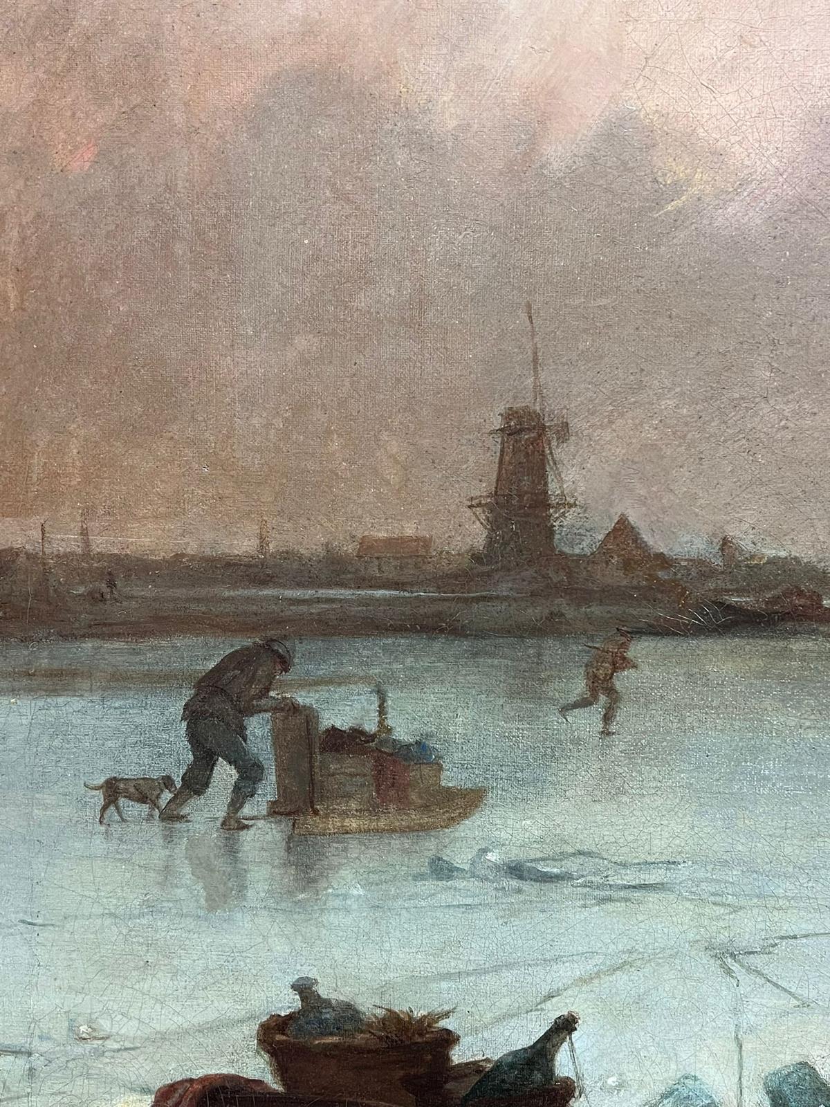 Huge Dutch Winter Scene 19th Century Oil Painting Figures Playing on Ice For Sale 2