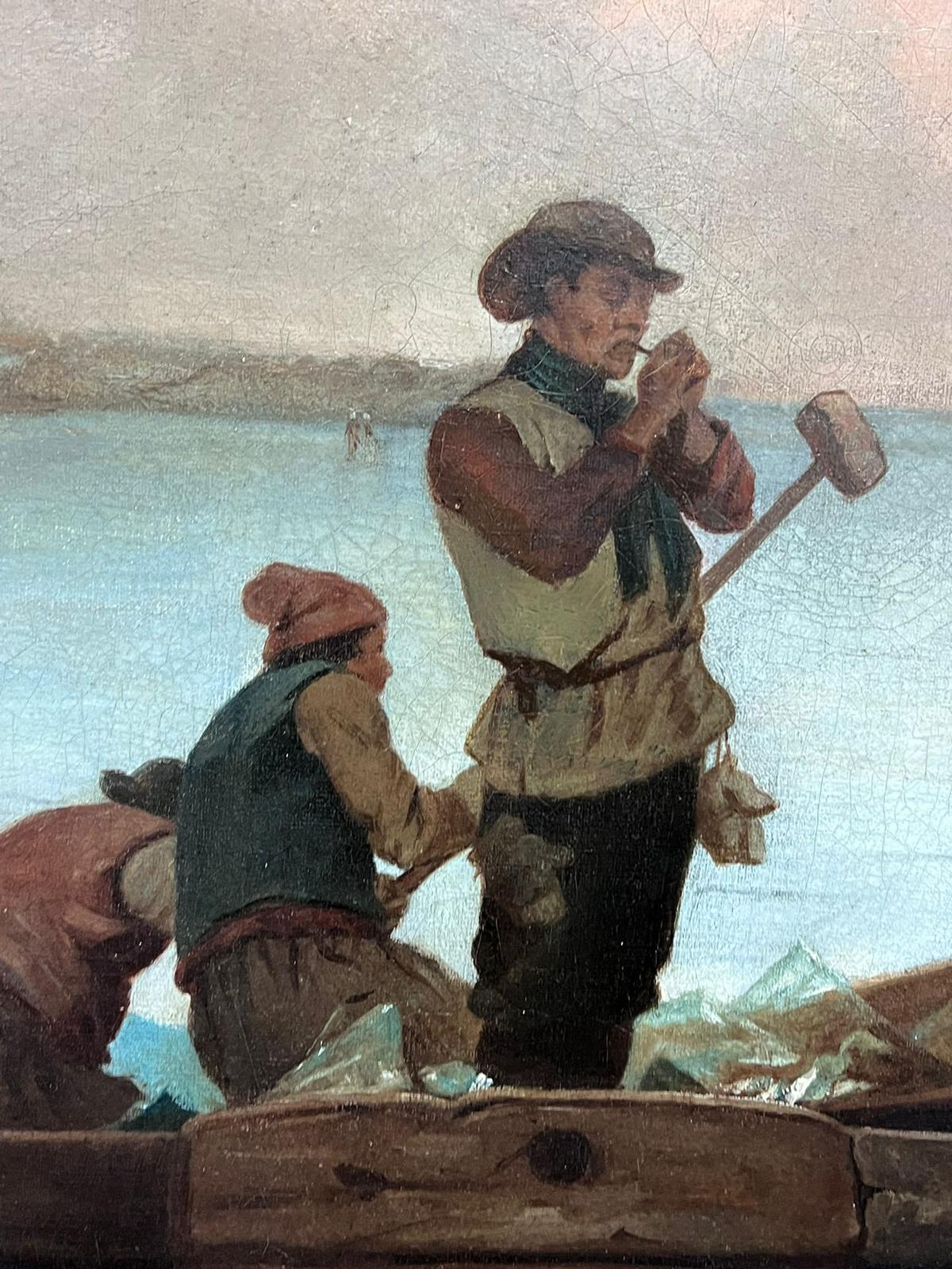 Huge Dutch Winter Scene 19th Century Oil Painting Figures Playing on Ice For Sale 4