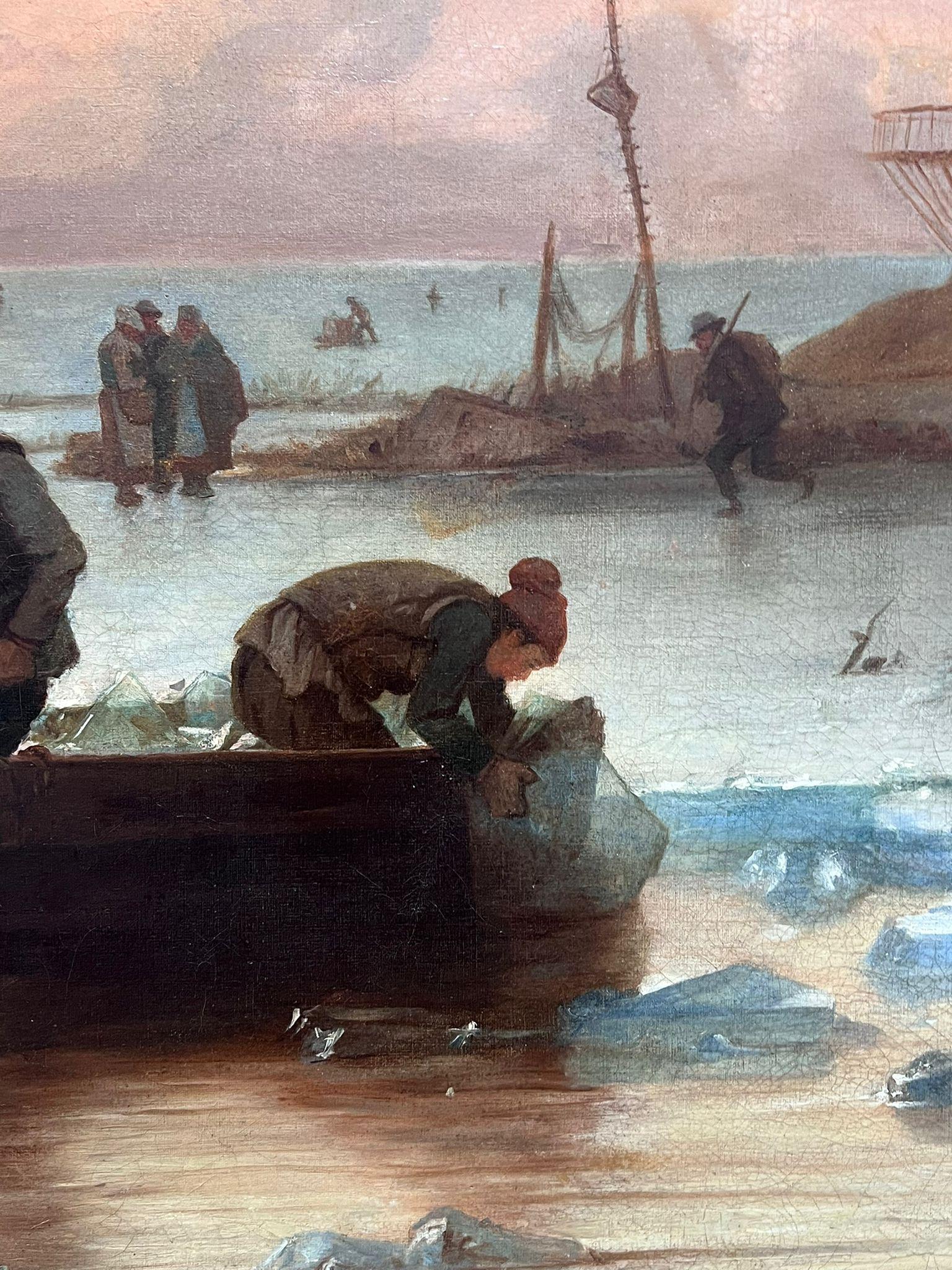 Huge Dutch Winter Scene 19th Century Oil Painting Figures Playing on Ice For Sale 6