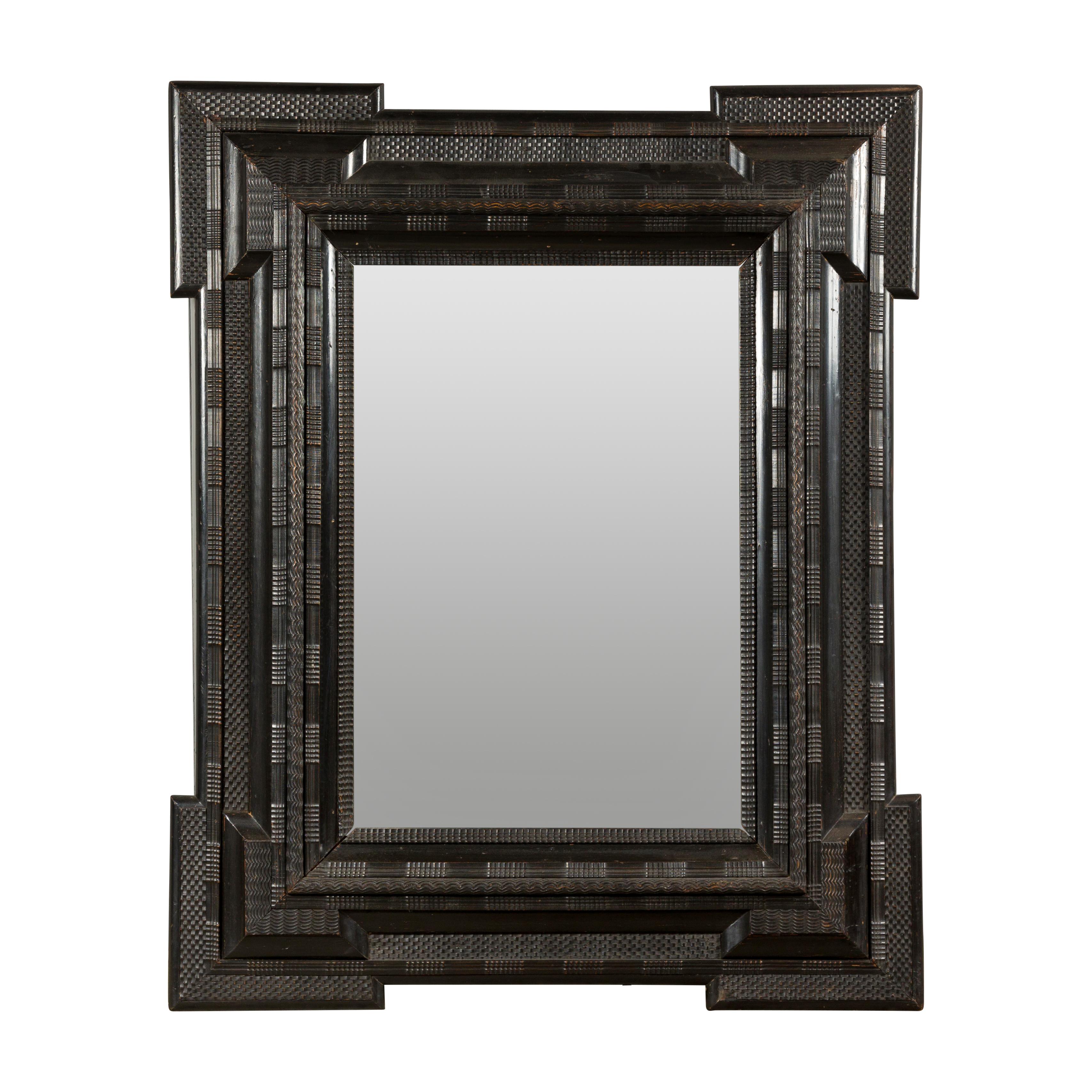 Dutch 18th Century Dark Brown Carved Wooden Mirror with Protruding Corners For Sale 11