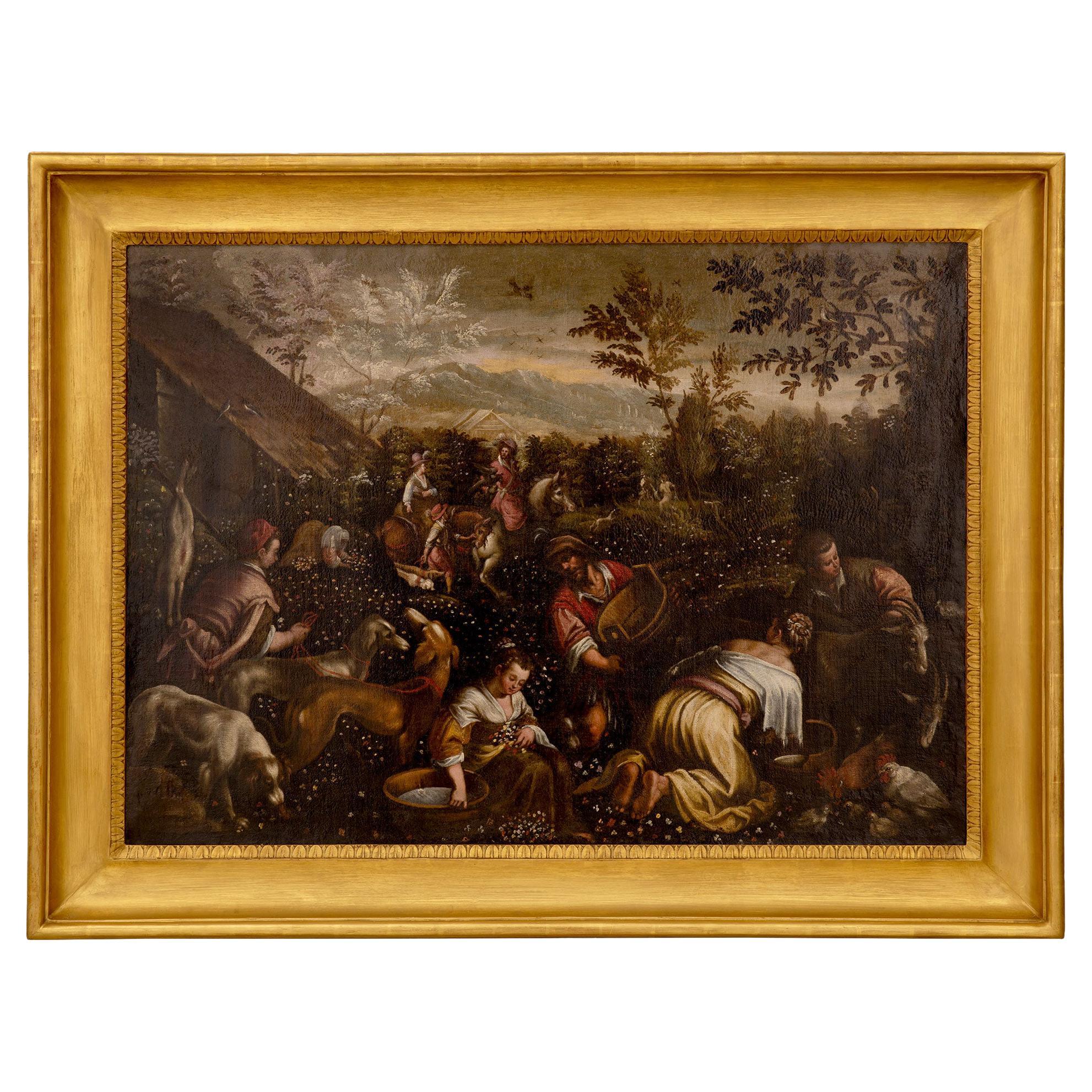 Dutch 18th Century Oil on Canvas Painting Titled “Picking Of The Flowers”