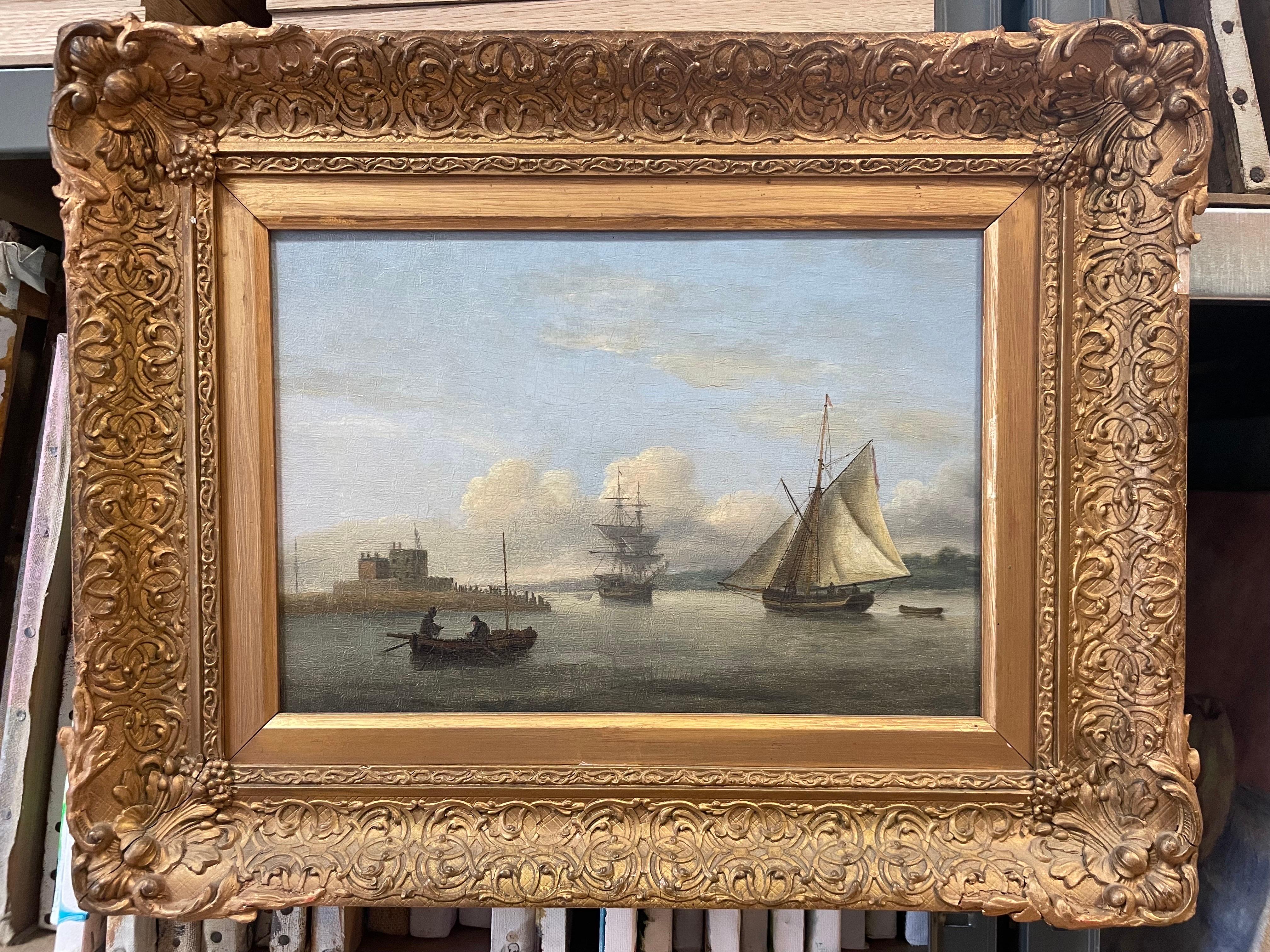 Artist: Dutch School, 18th century

Title: Shipping in a Calm Estuary, presented in ornate gilt antique frame

Medium: oil on wood panel, framed

Framed: 15.5 x 19.5 inches
Size: 11 x 15.5 inches

Provenance: from a private UK collection

Condition: