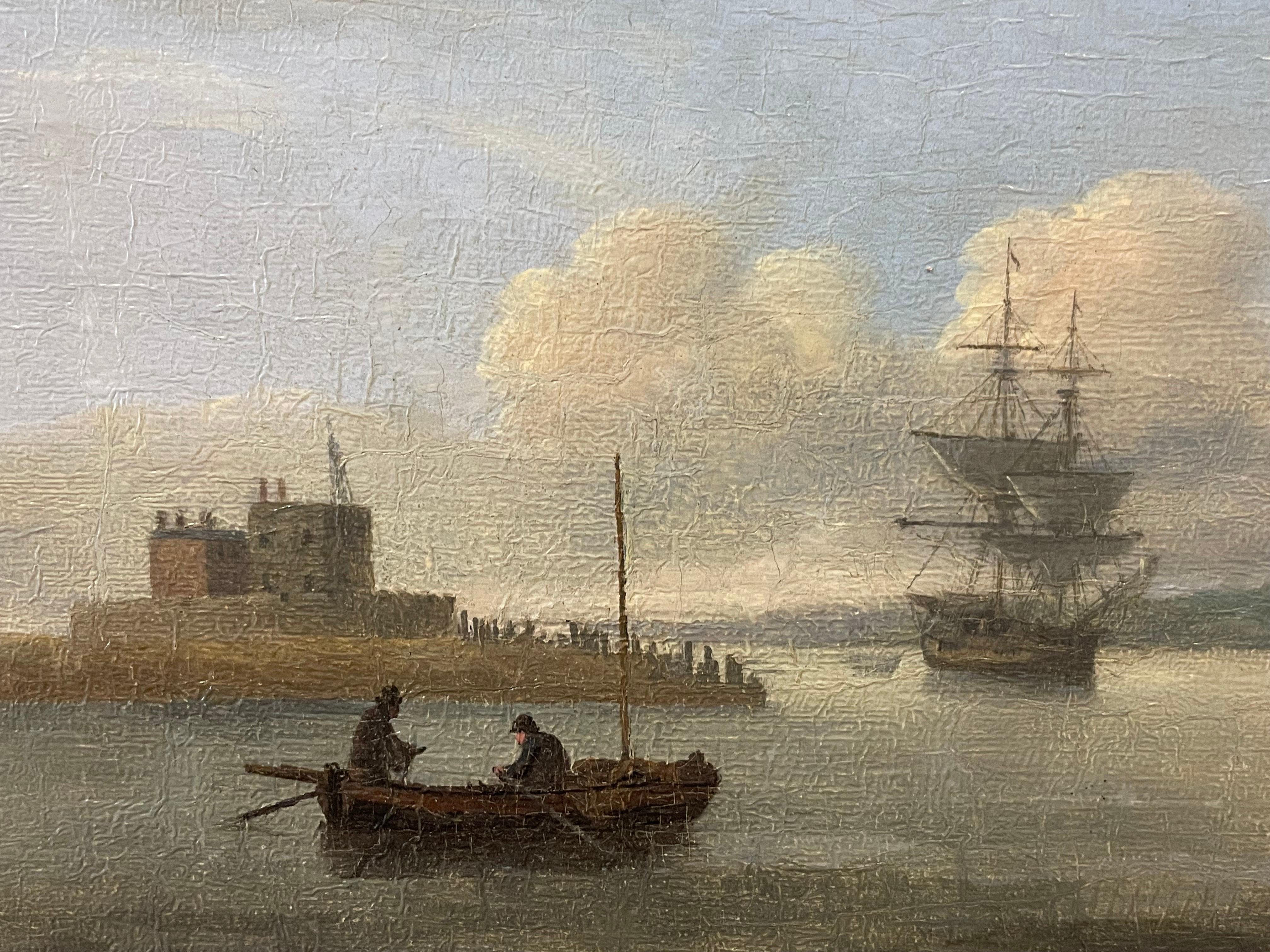18th Century Dutch Marine Oil Painting on Panel Shipping in Calm Estuary 2