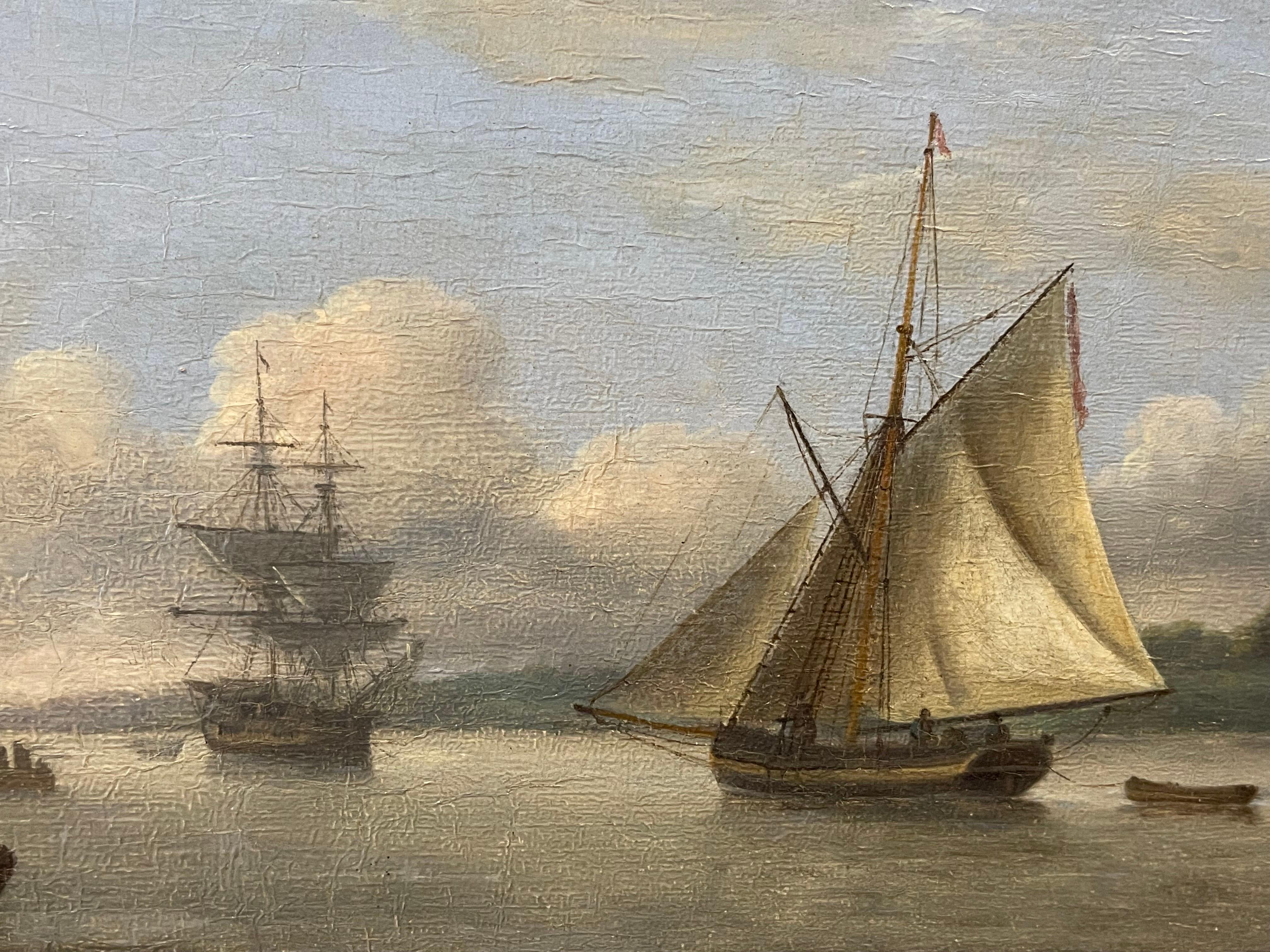 18th Century Dutch Marine Oil Painting on Panel Shipping in Calm Estuary 3