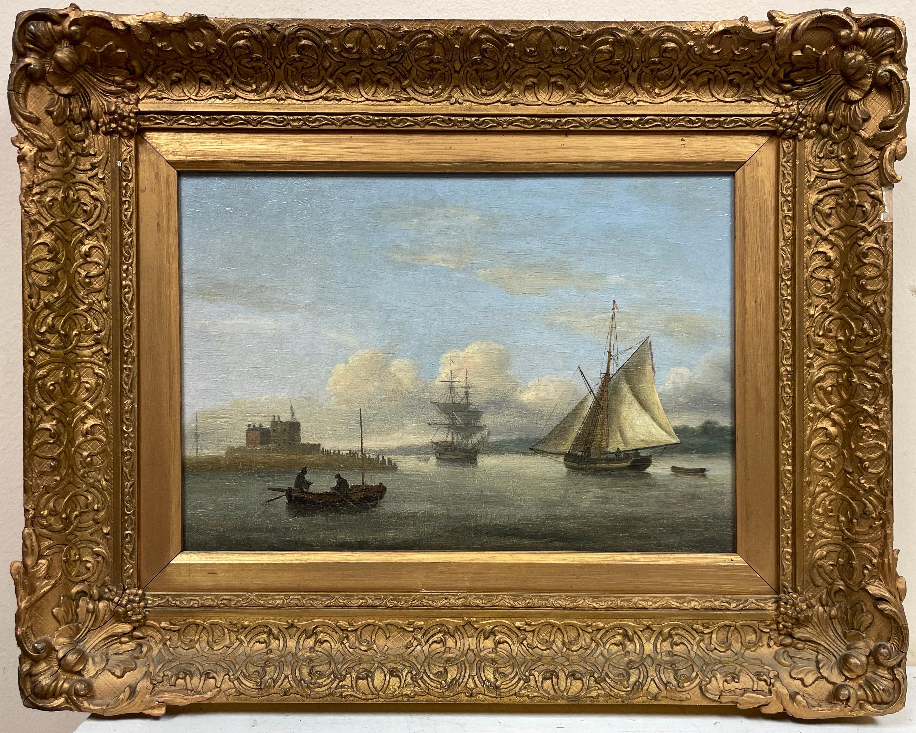 Dutch 18th century Figurative Painting - 18th Century Dutch Marine Oil Painting on Panel Shipping in Calm Estuary