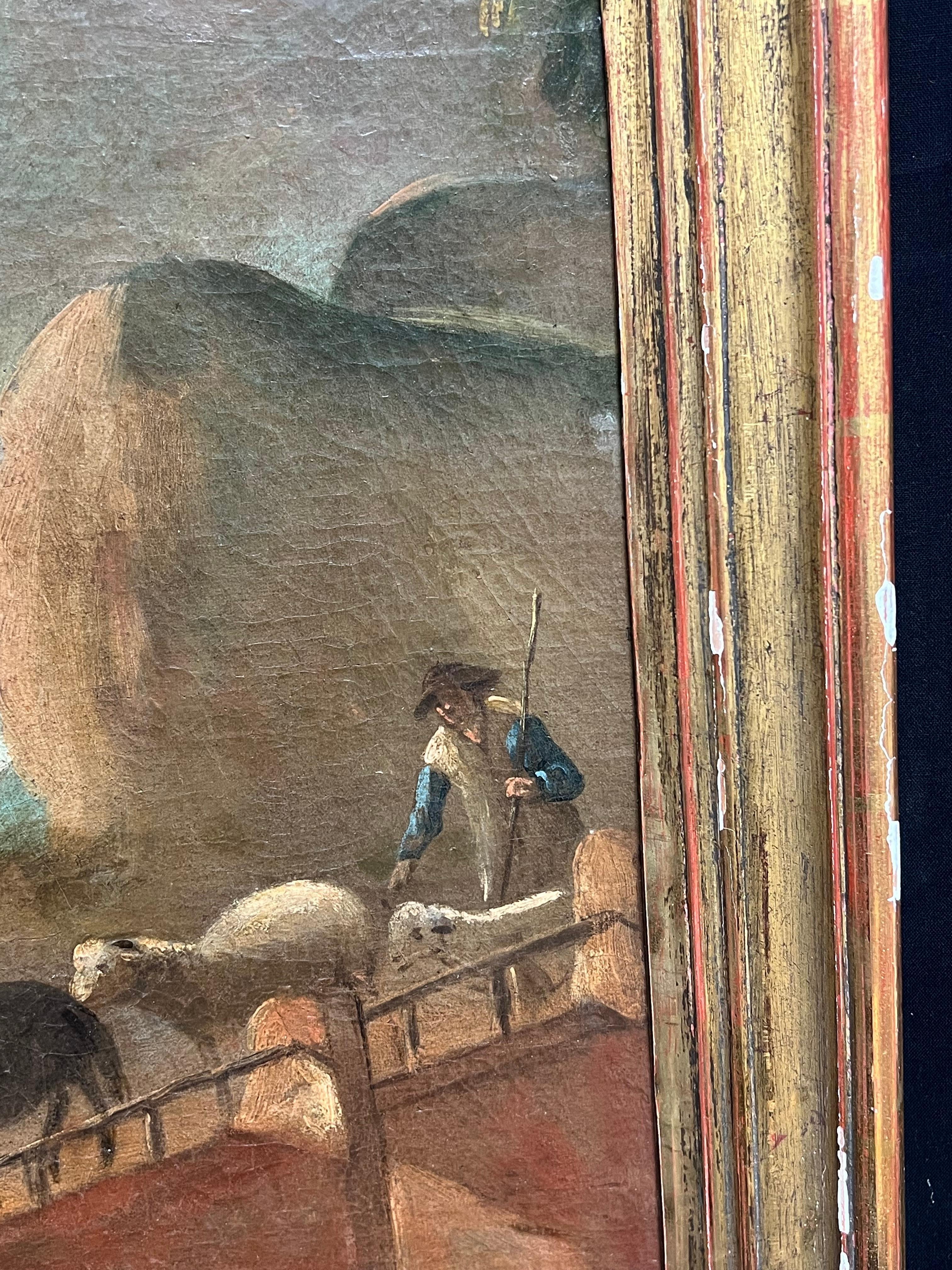 Scena pastorale olandese del XVIII secolo con viaggiatori e bestiame Paesaggio dorato in vendita 6