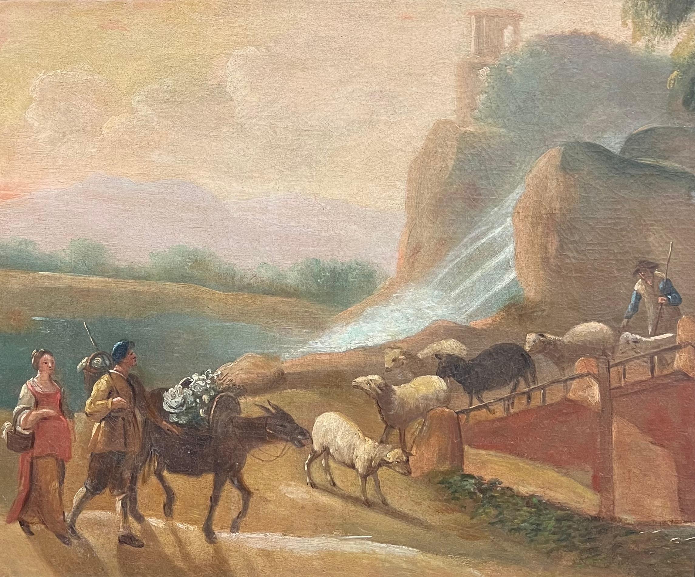 Scena pastorale olandese del XVIII secolo con viaggiatori e bestiame Paesaggio dorato - Painting Scuola olandese di Dutch 18th century