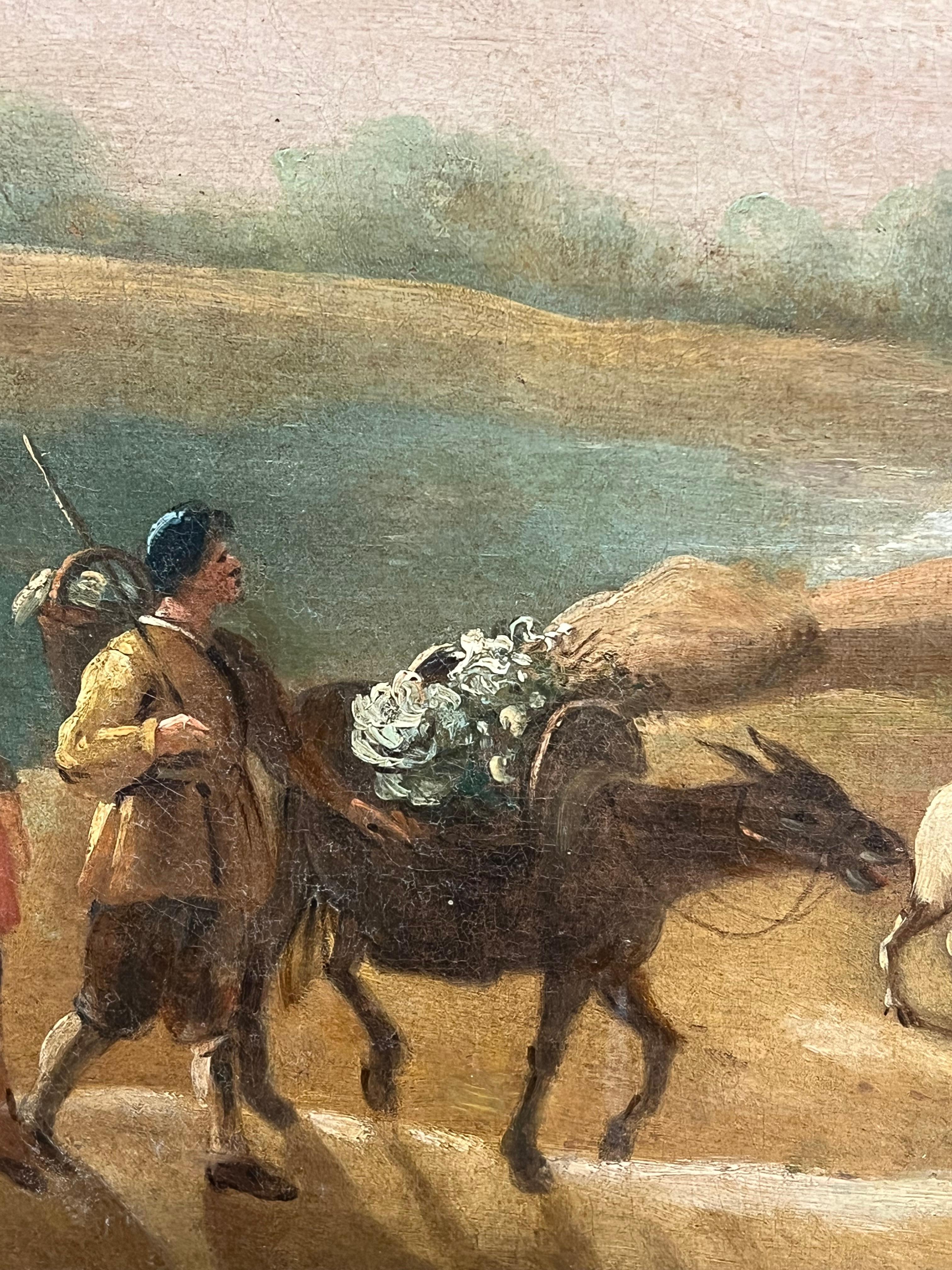 Scena pastorale olandese del XVIII secolo con viaggiatori e bestiame Paesaggio dorato in vendita 2