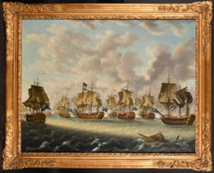 Enorme óleo marino del siglo XVIII Famosa escena de batalla naval Precioso marco