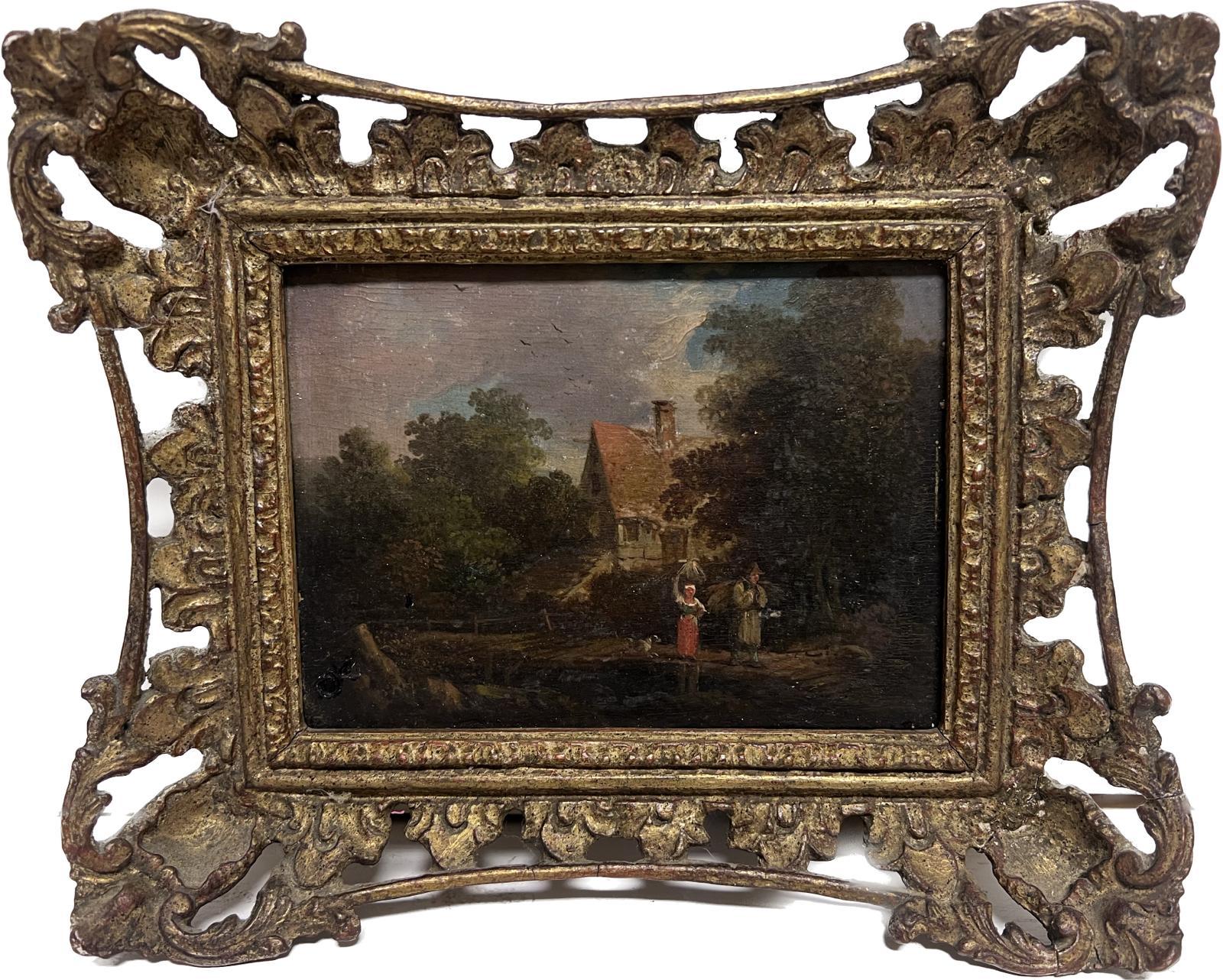 Paire (2) de peintures à l'huile hollandaises du 18e siècle sur panneau Chalets ruraux et personnages - Painting de Dutch 18th century