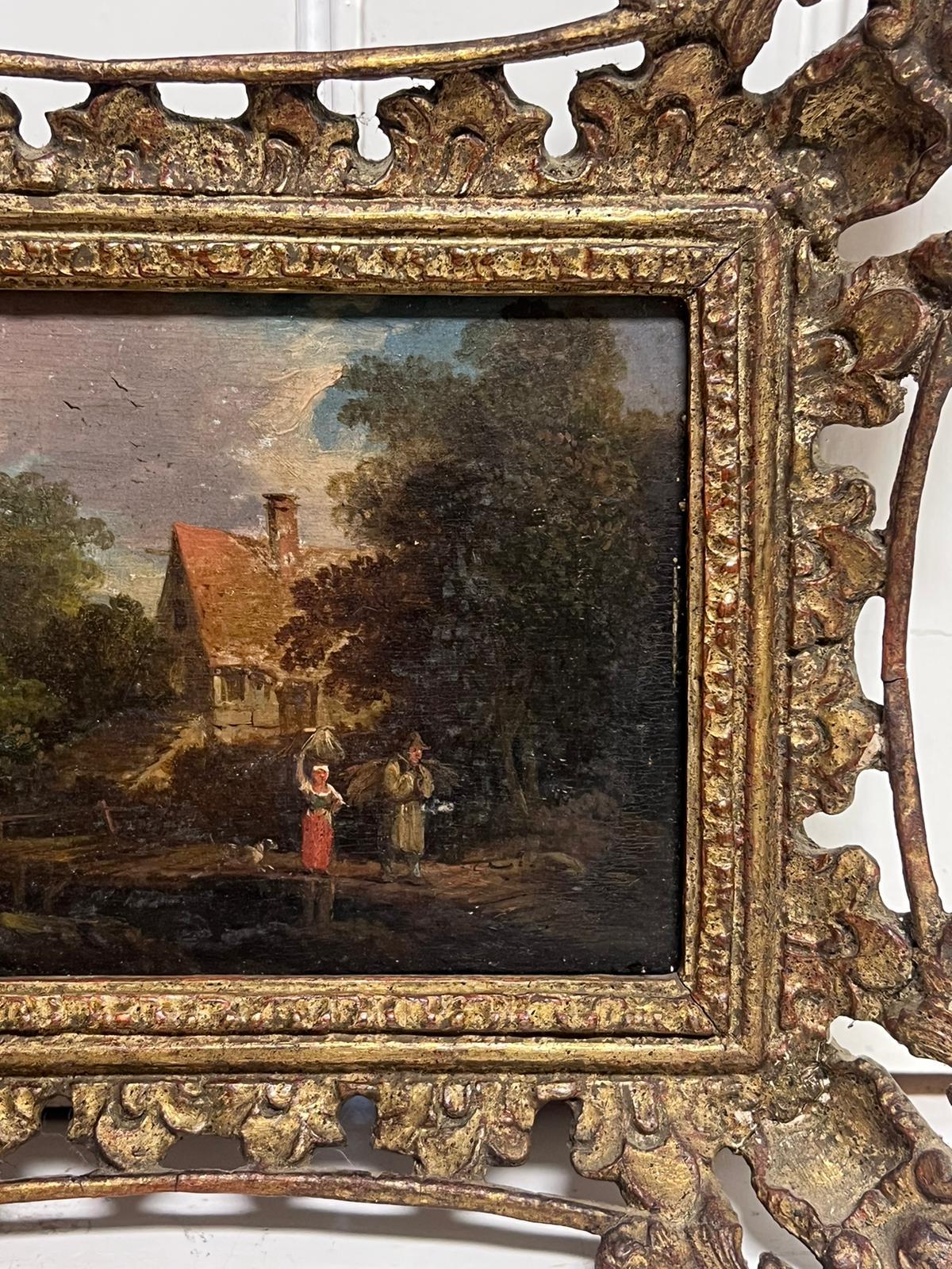 Paire (2) de peintures à l'huile hollandaises du 18e siècle sur panneau Chalets ruraux et personnages - Maîtres anciens Painting par Dutch 18th century