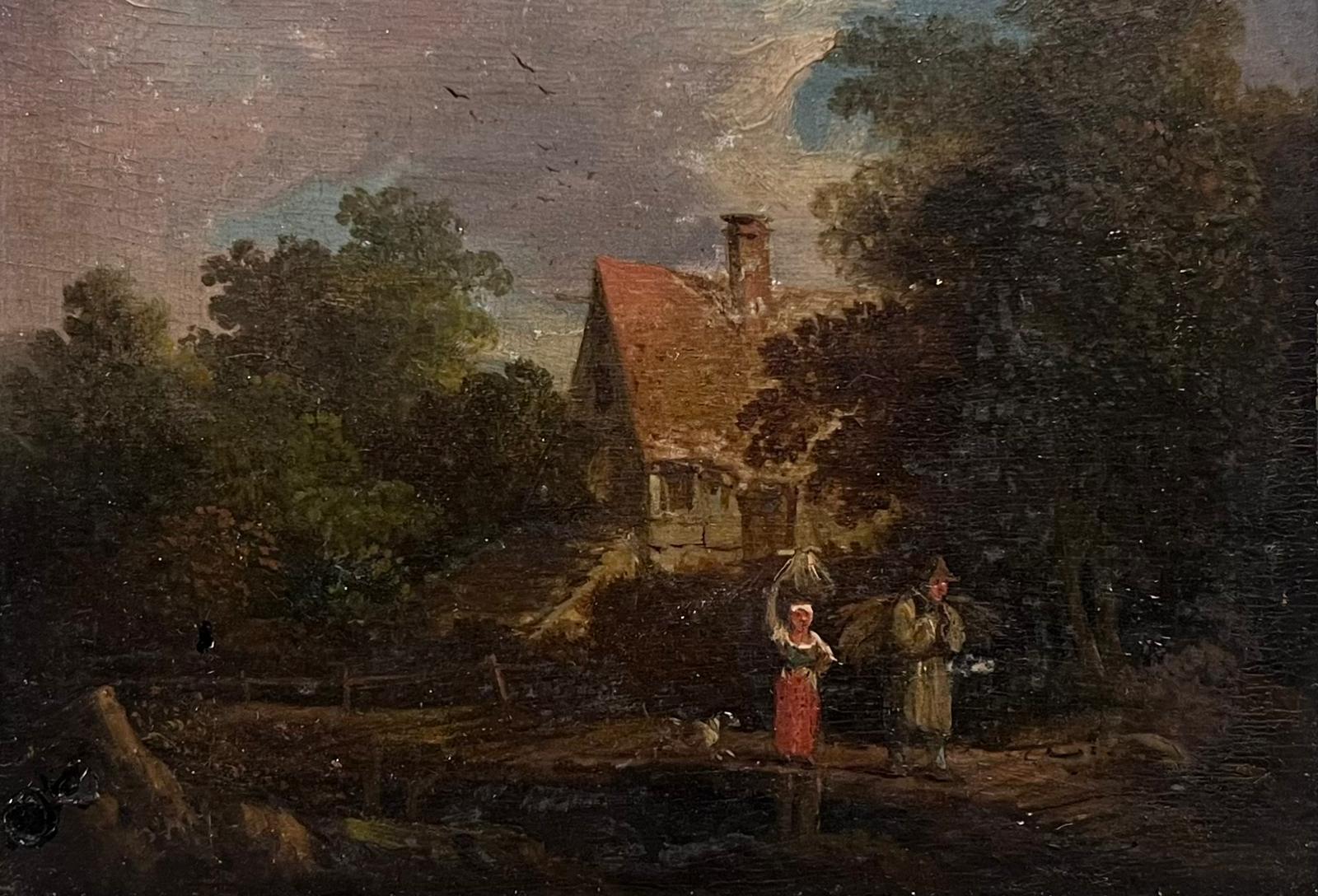 Paire (2) de peintures à l'huile hollandaises du 18e siècle sur panneau Chalets ruraux et personnages 1