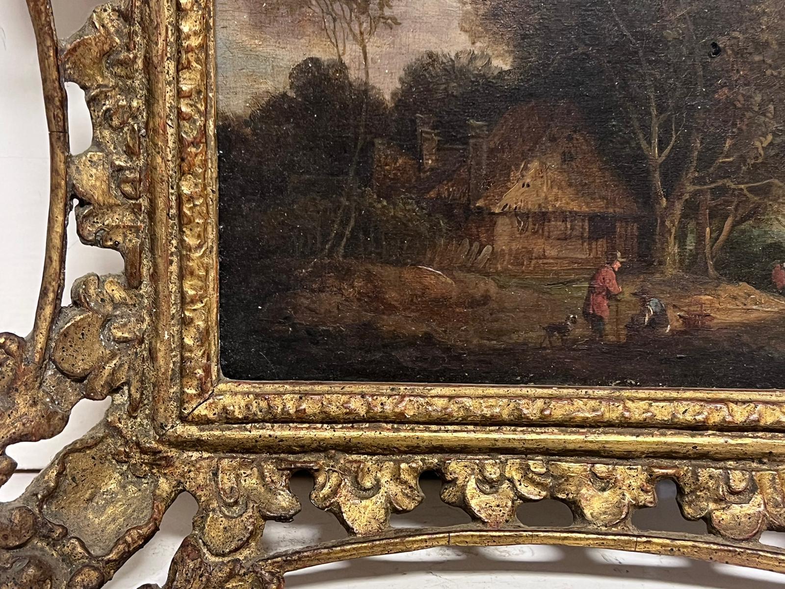 Paire (2) de peintures à l'huile hollandaises du 18e siècle sur panneau Chalets ruraux et personnages 2