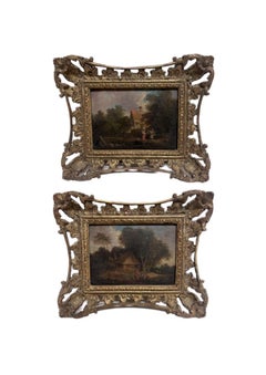 Pair (2) Dutch 18th Century Oil Paintings on Panel Rural Cottages & Figures