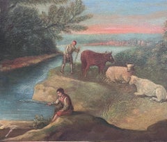 Romantic Light 18th Century Dutch Oil Pastoral Scene Bergers Cattle by River