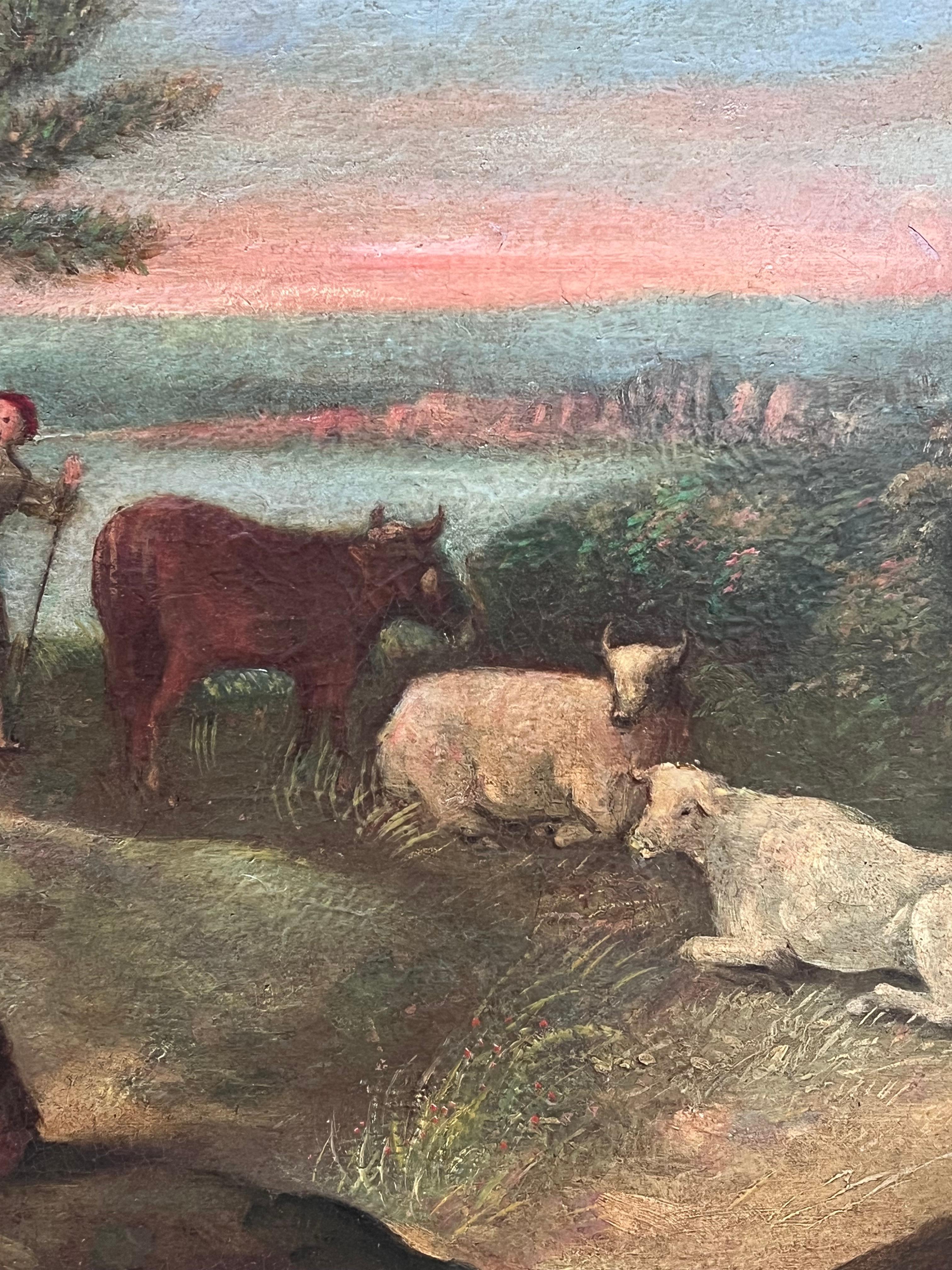 Romantica scena pastorale ad olio del XVIII secolo Bergers Cattle by River - Animal Painting Marrone di Dutch 18th century