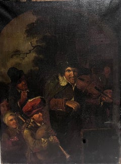 Tavern Figures Playing the Fiddle Large 18th Century Dutch Oil for Restoration