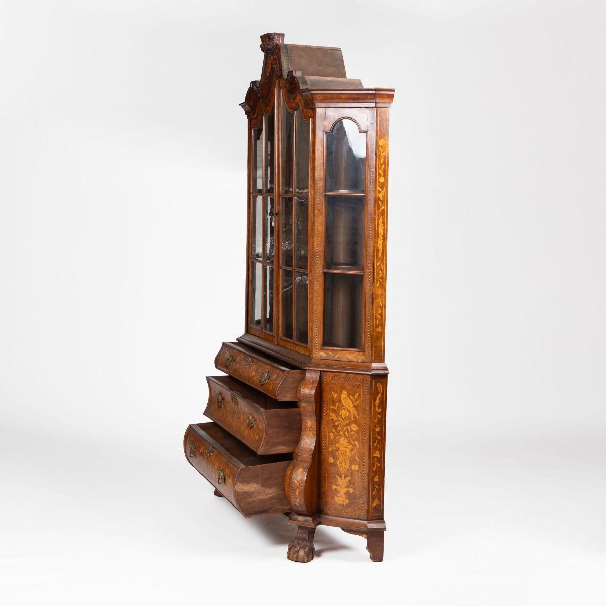 Bronze Dutch 18th Century Rococo Vitrine with Bombe Base and Exceptional Marquetry For Sale