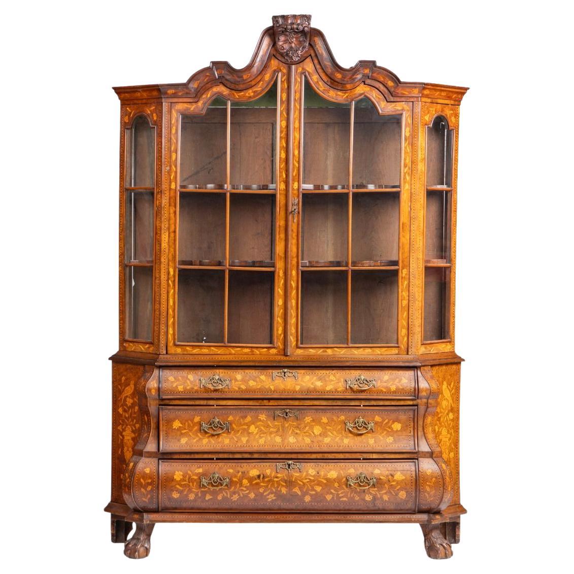 Dutch 18th Century Rococo Vitrine with Bombe Base and Exceptional Marquetry For Sale