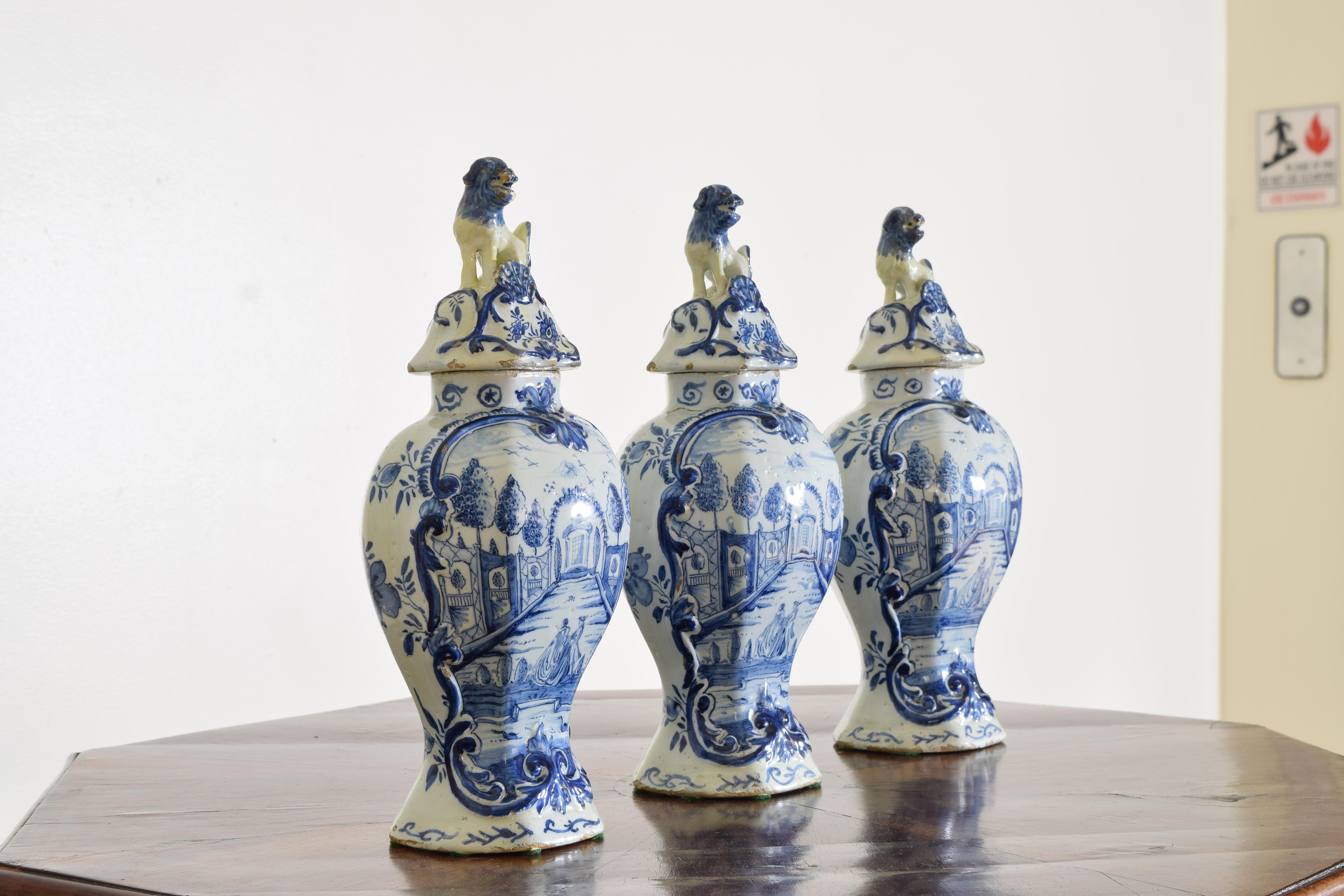 Rococo Dutch, 18th Century Set of Three Delft Vases