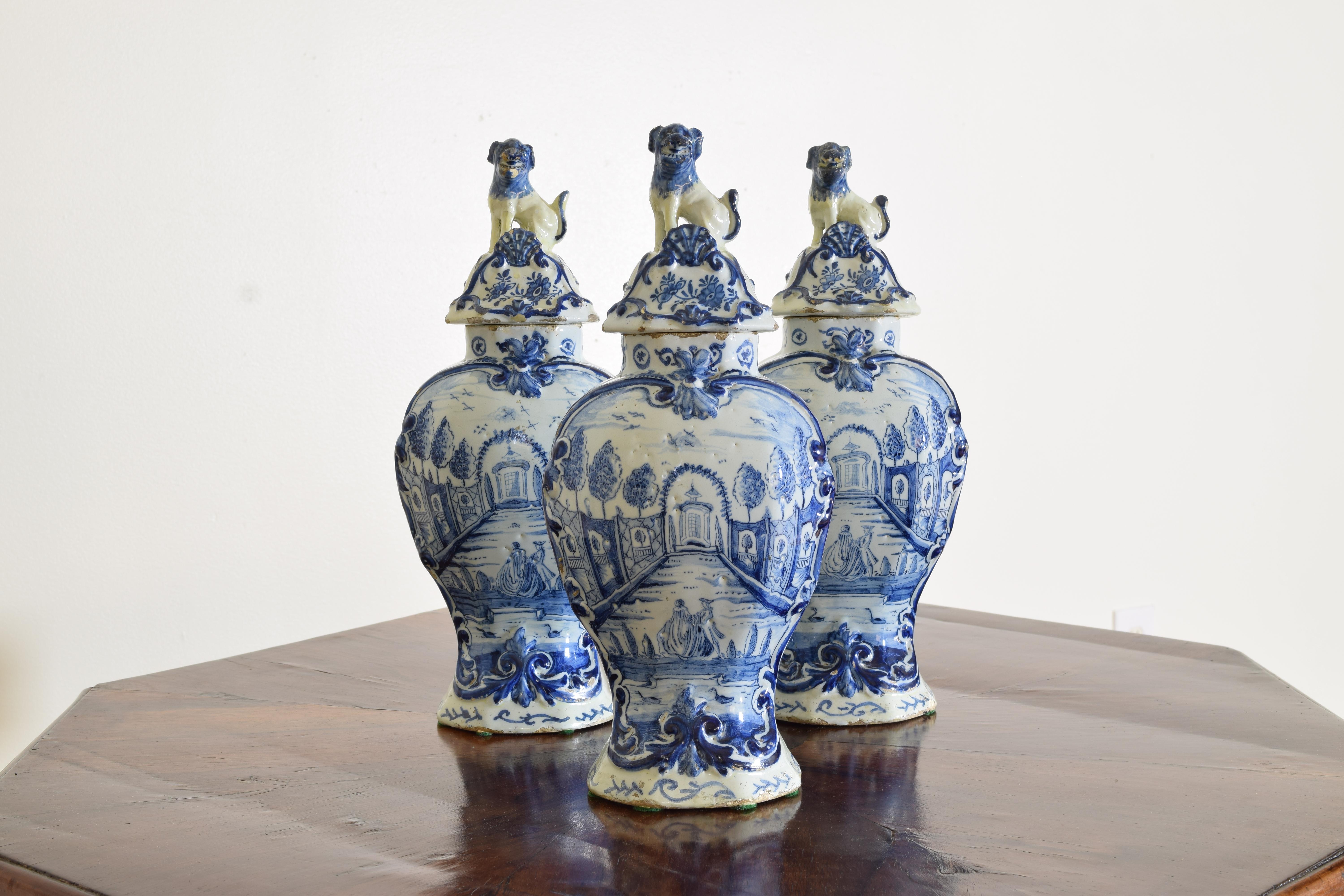 Hand-Painted Dutch, 18th Century Set of Three Delft Vases