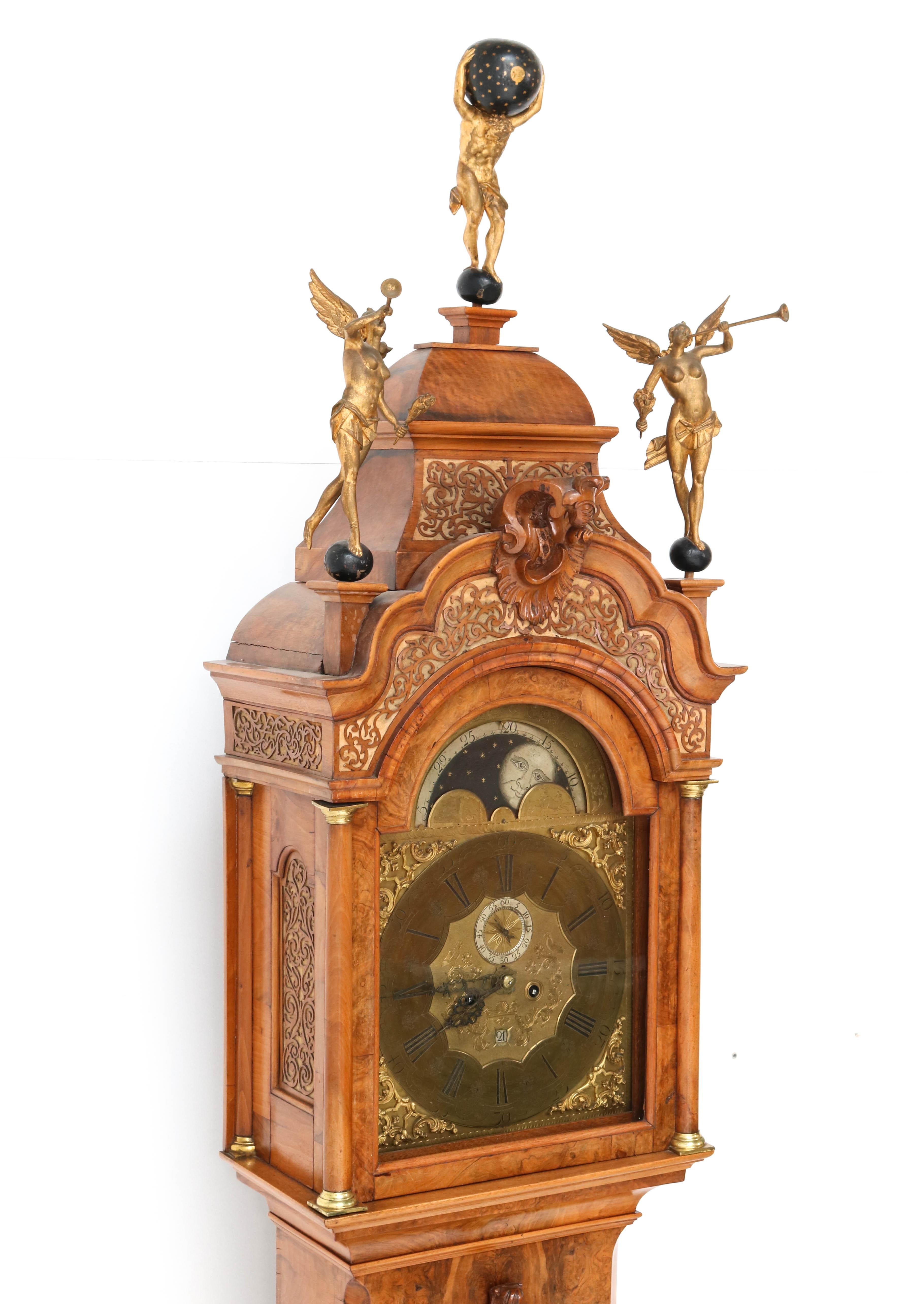 Brass Dutch 18th Century Walnut Longcase or Grandfather Clock by Anthony Auwers For Sale