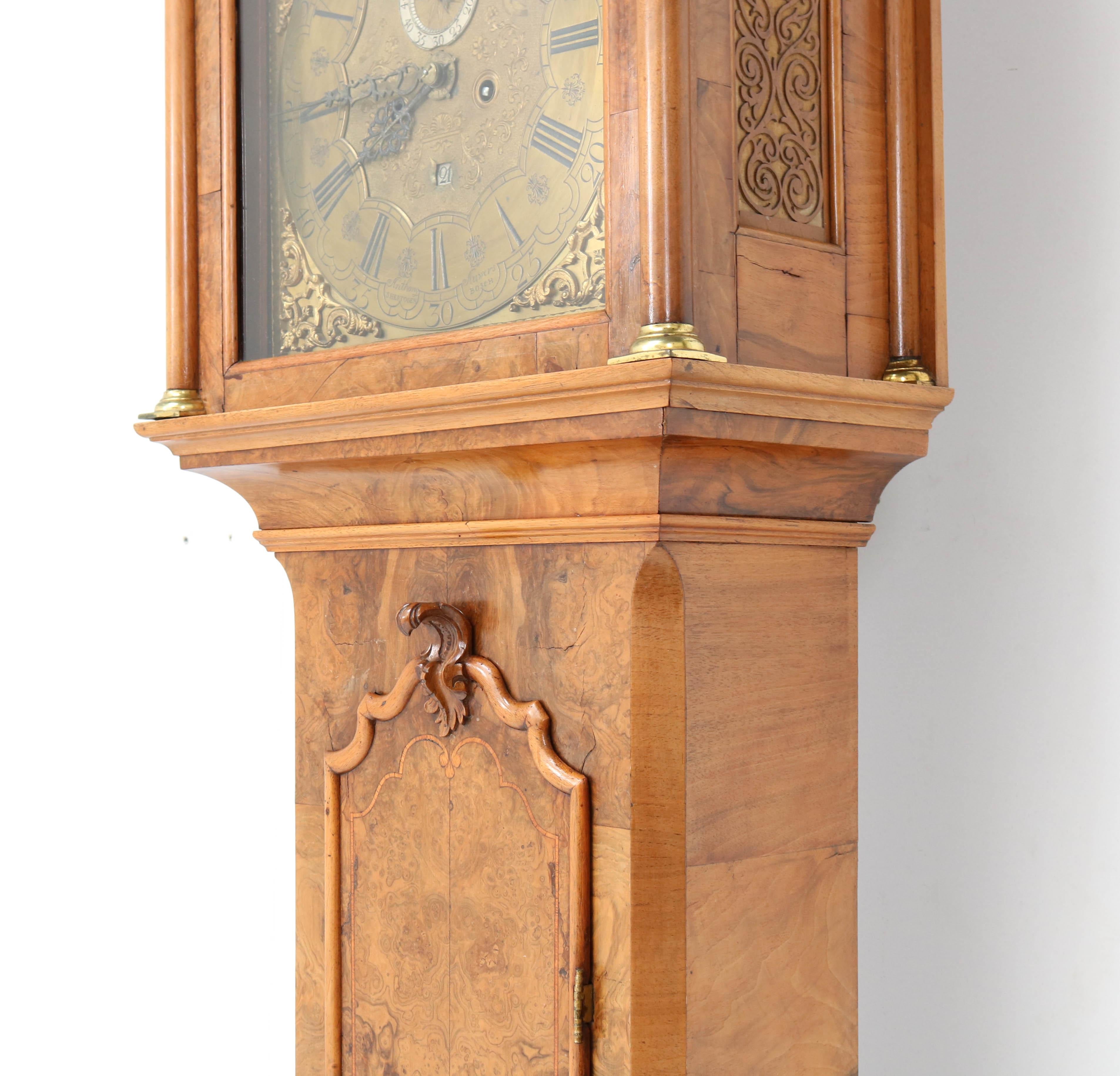 Dutch 18th Century Walnut Longcase or Grandfather Clock by Anthony Auwers For Sale 2