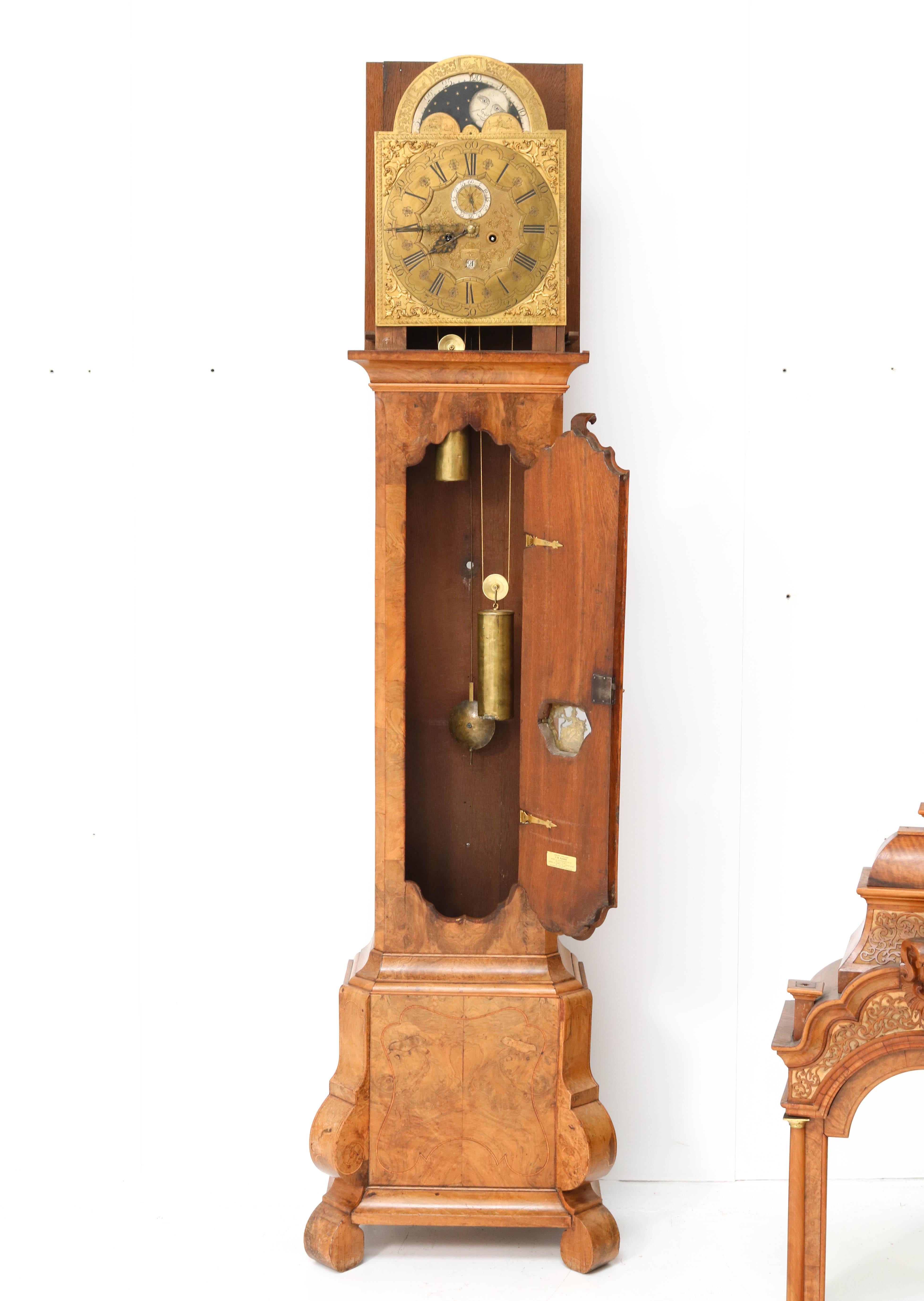 Dutch 18th Century Walnut Longcase or Grandfather Clock by Anthony Auwers For Sale 9