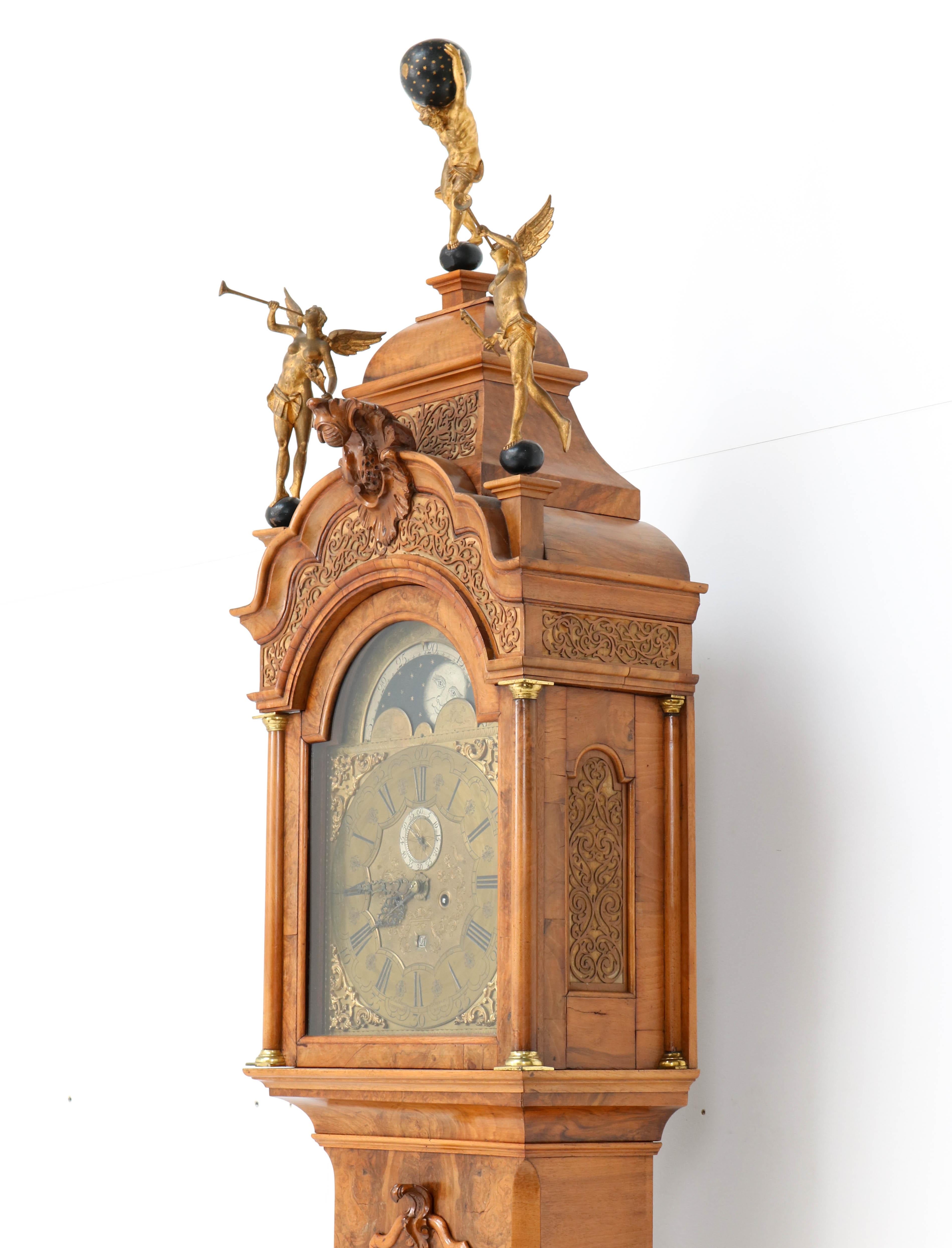 Louis XV Dutch 18th Century Walnut Longcase or Grandfather Clock by Anthony Auwers For Sale