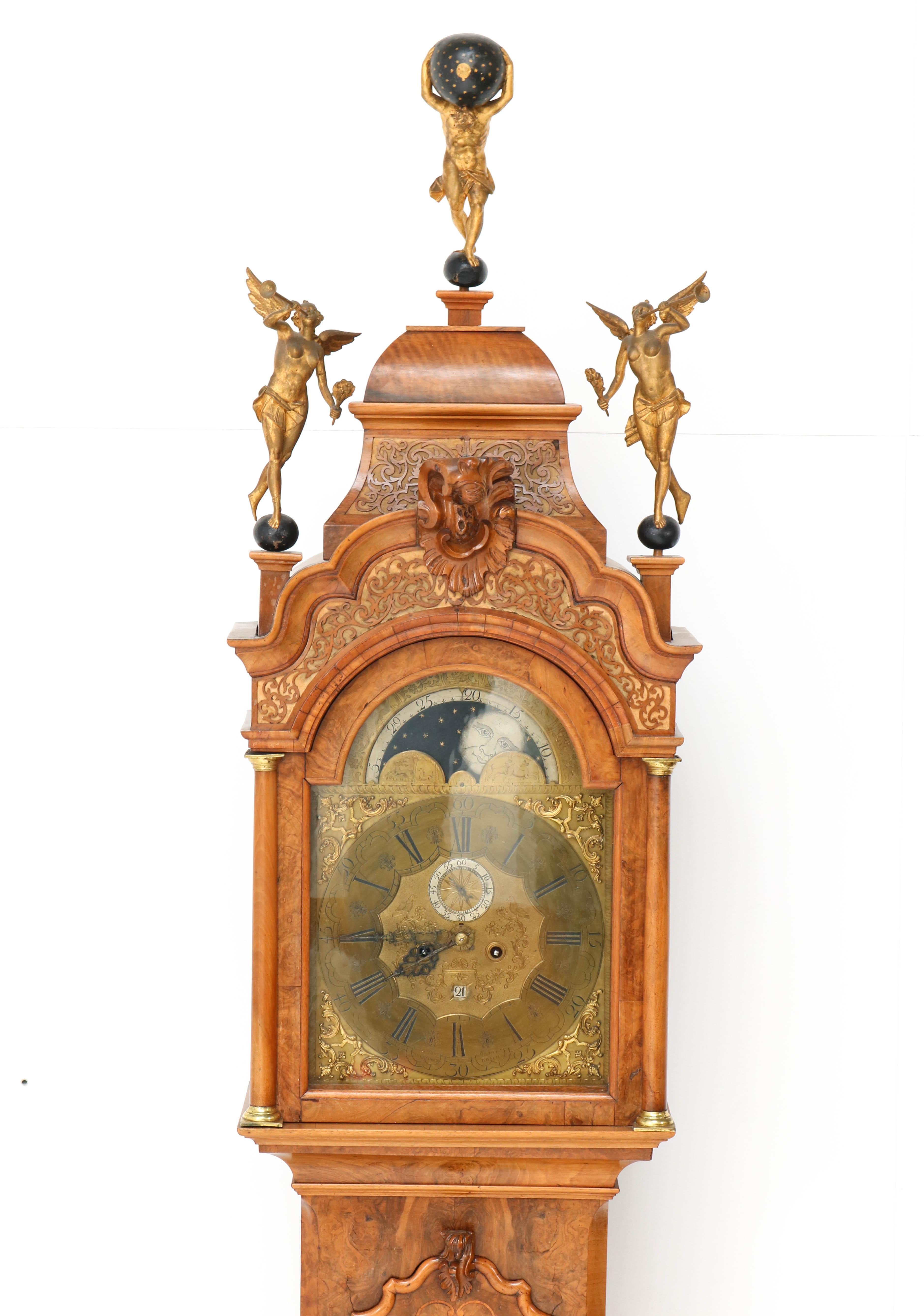 Silvered Dutch 18th Century Walnut Longcase or Grandfather Clock by Anthony Auwers For Sale