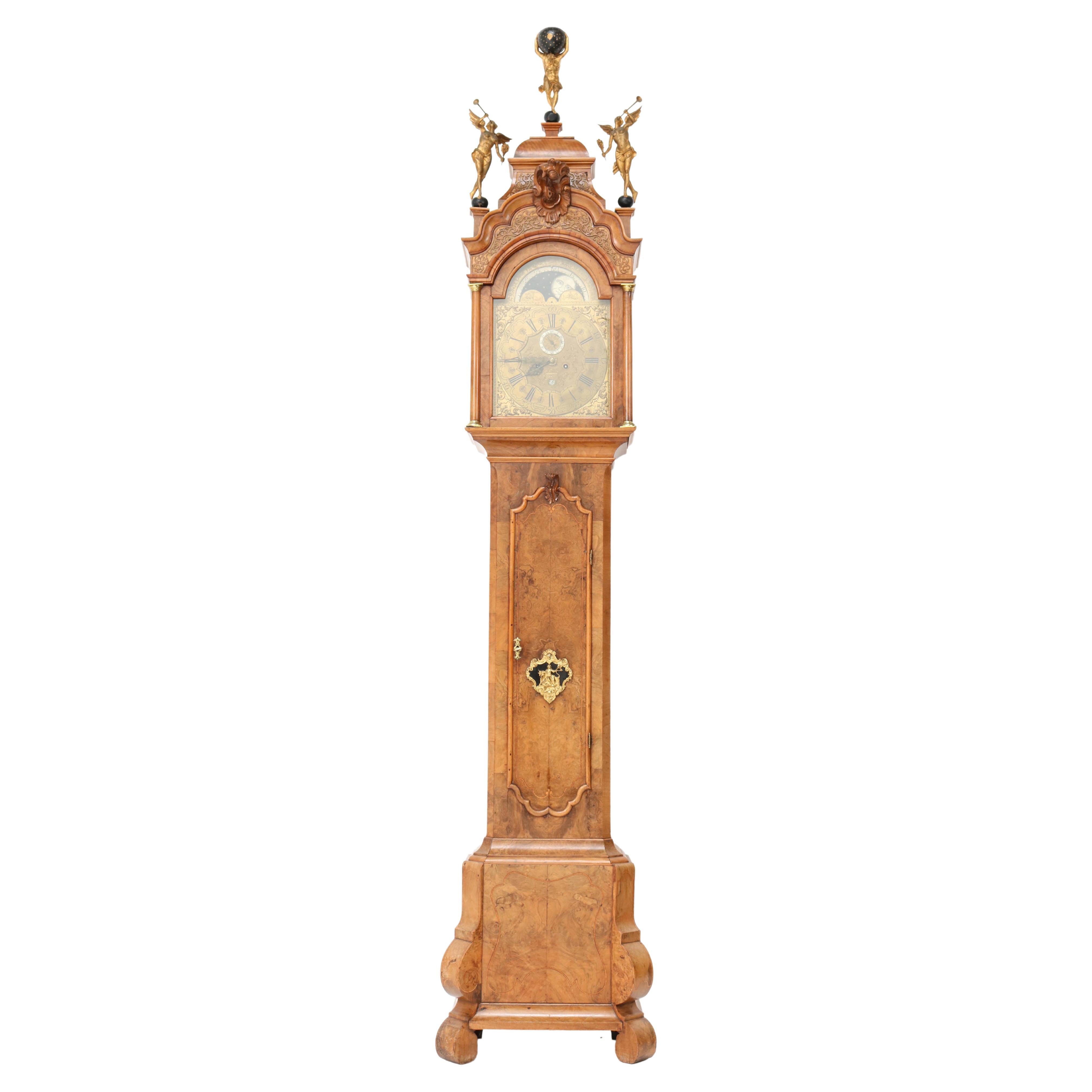 Dutch 18th Century Walnut Longcase or Grandfather Clock by Anthony Auwers For Sale