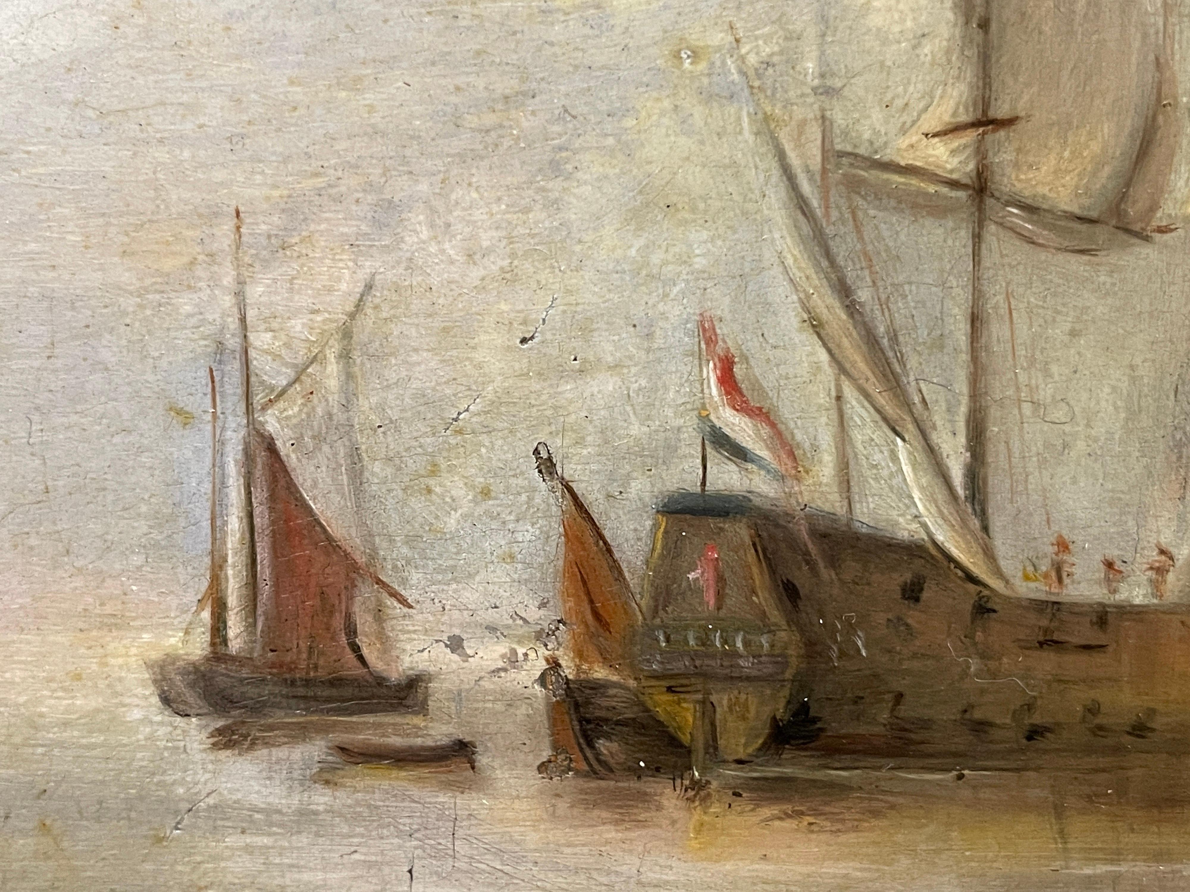 Shipping in Calm Waters, 18th Century Dutch Oil on Wood Panel, Man o War For Sale 4