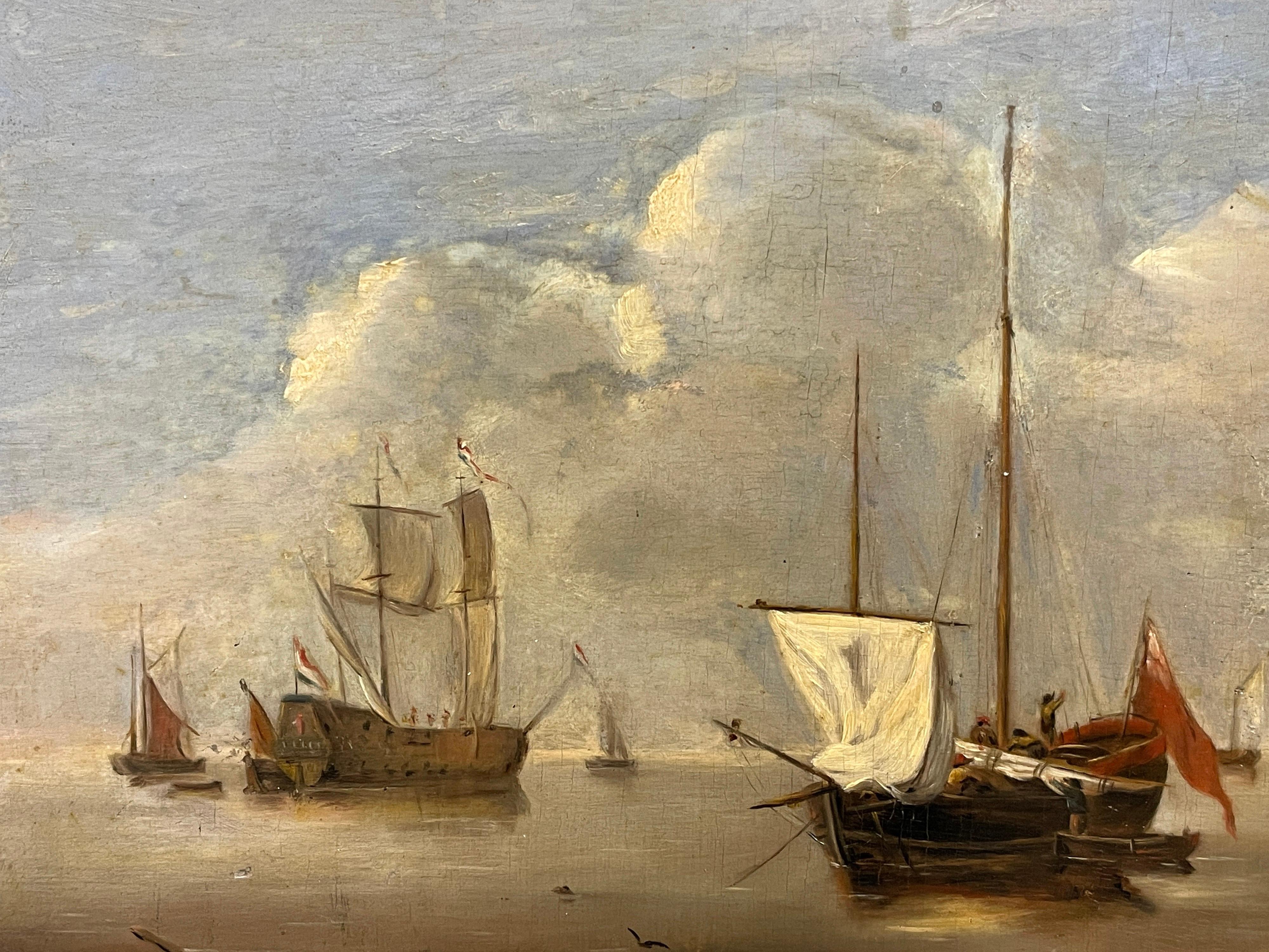 „Shipping in Calm Waters“, holländisches Ölgemälde auf Holzplatte, Man o War, 18. Jahrhundert – Painting von Dutch 18th