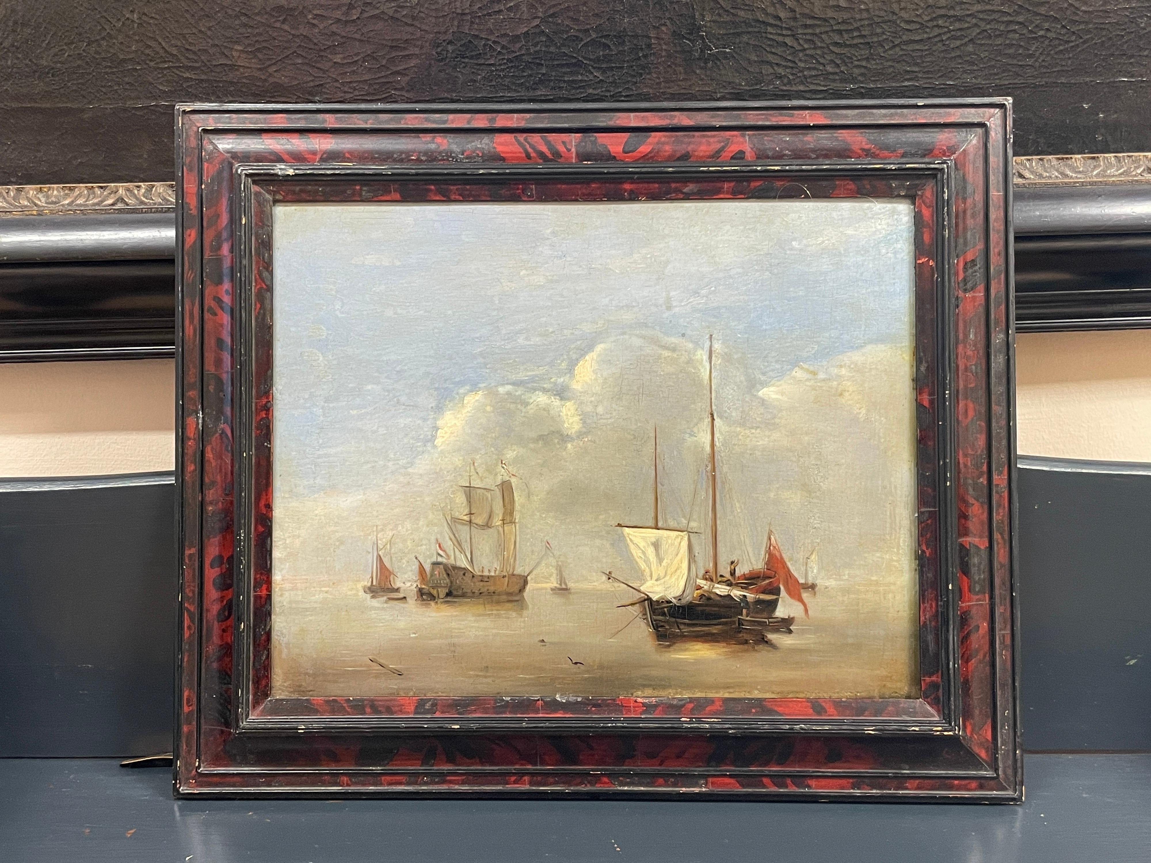 „Shipping in Calm Waters“, holländisches Ölgemälde auf Holzplatte, Man o War, 18. Jahrhundert (Alte Meister), Painting, von Dutch 18th