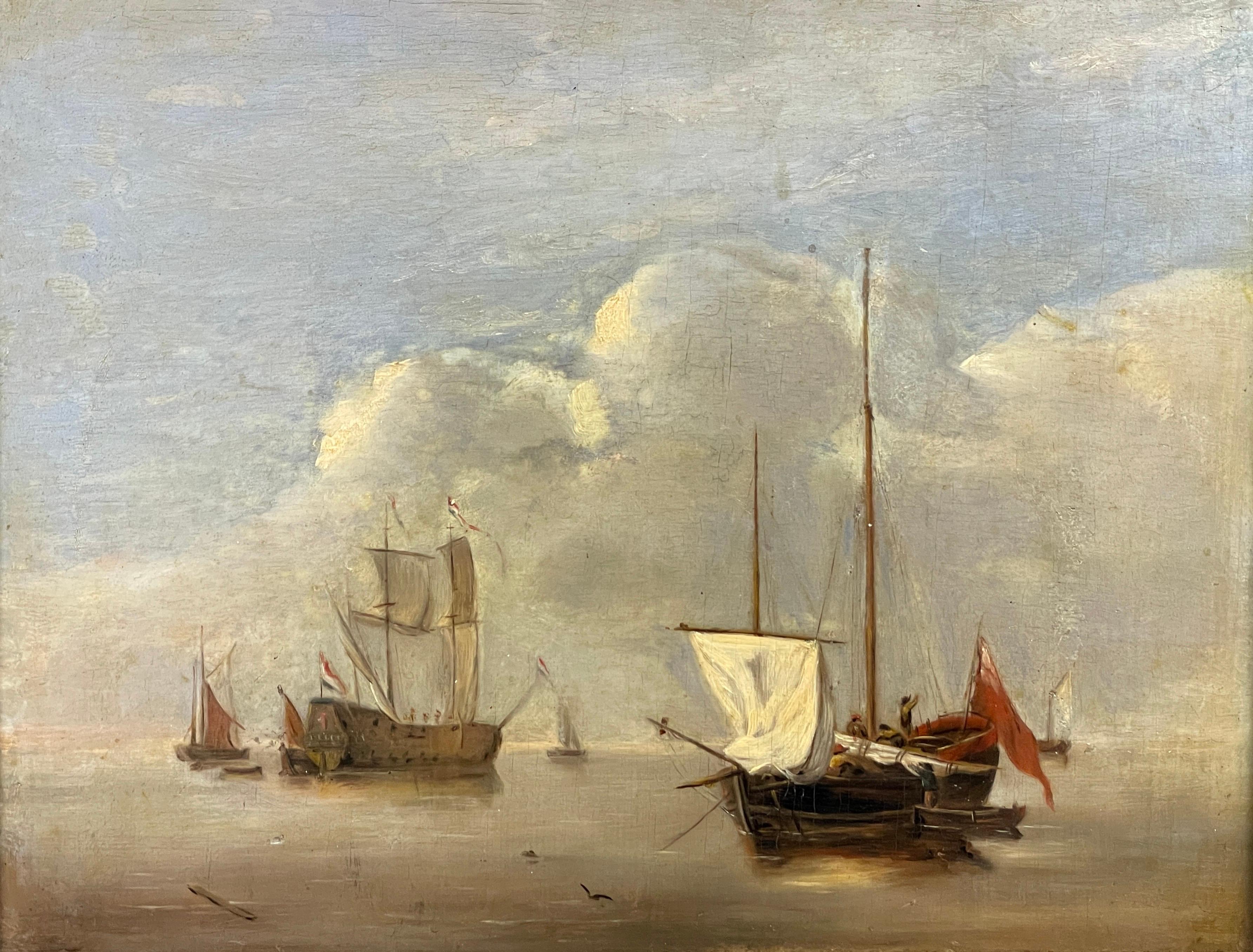 „Shipping in Calm Waters“, holländisches Ölgemälde auf Holzplatte, Man o War, 18. Jahrhundert im Angebot 1