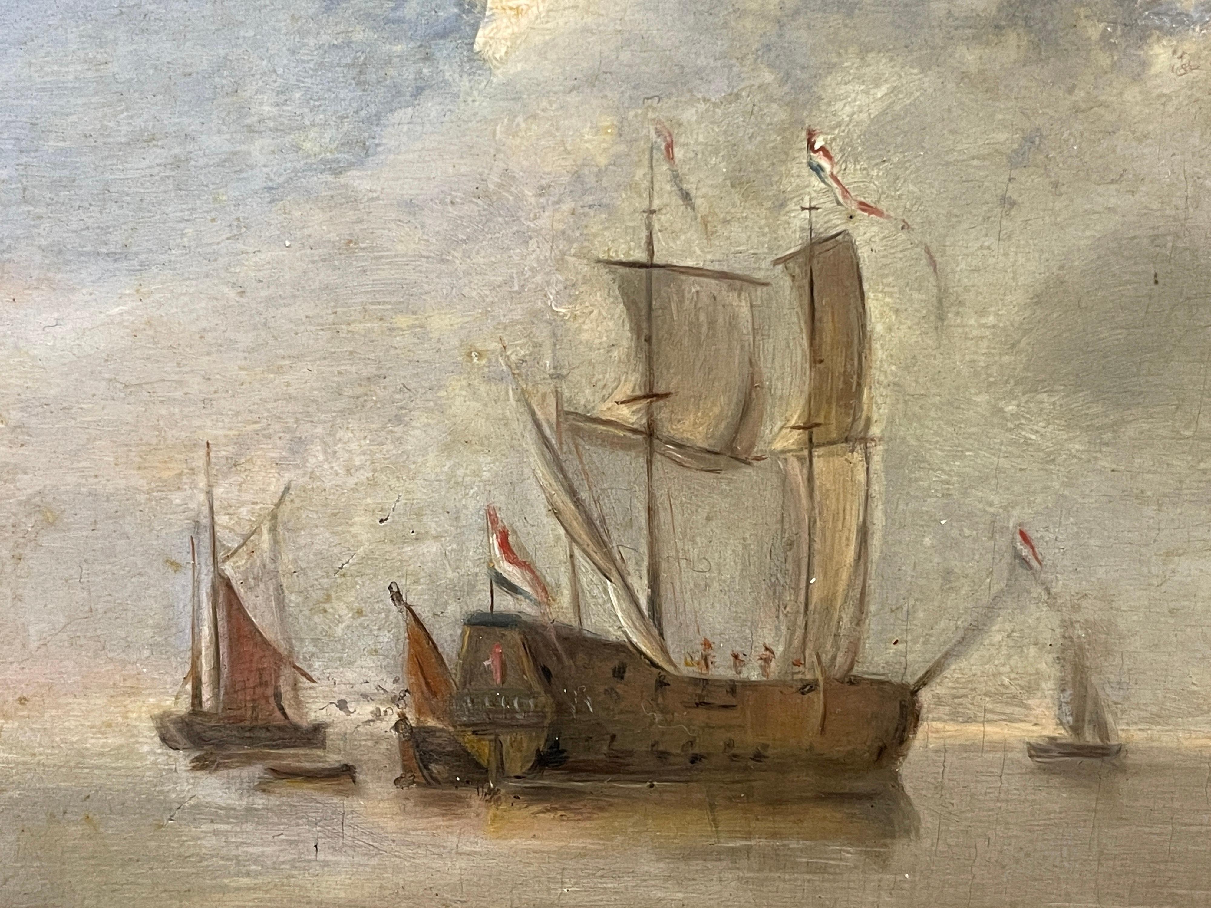 Shipping in Calm Waters
Dutch School, 18th century
oil painting on wood panel
panel: 10 x 12.75 inches
framed: 14 x 17 inches
condition: very good, minor evidence of former retouching to the sky, some discoloured varnish in places, all as one would