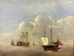 Antique Shipping in Calm Waters, 18th Century Dutch Oil on Wood Panel, Man o War