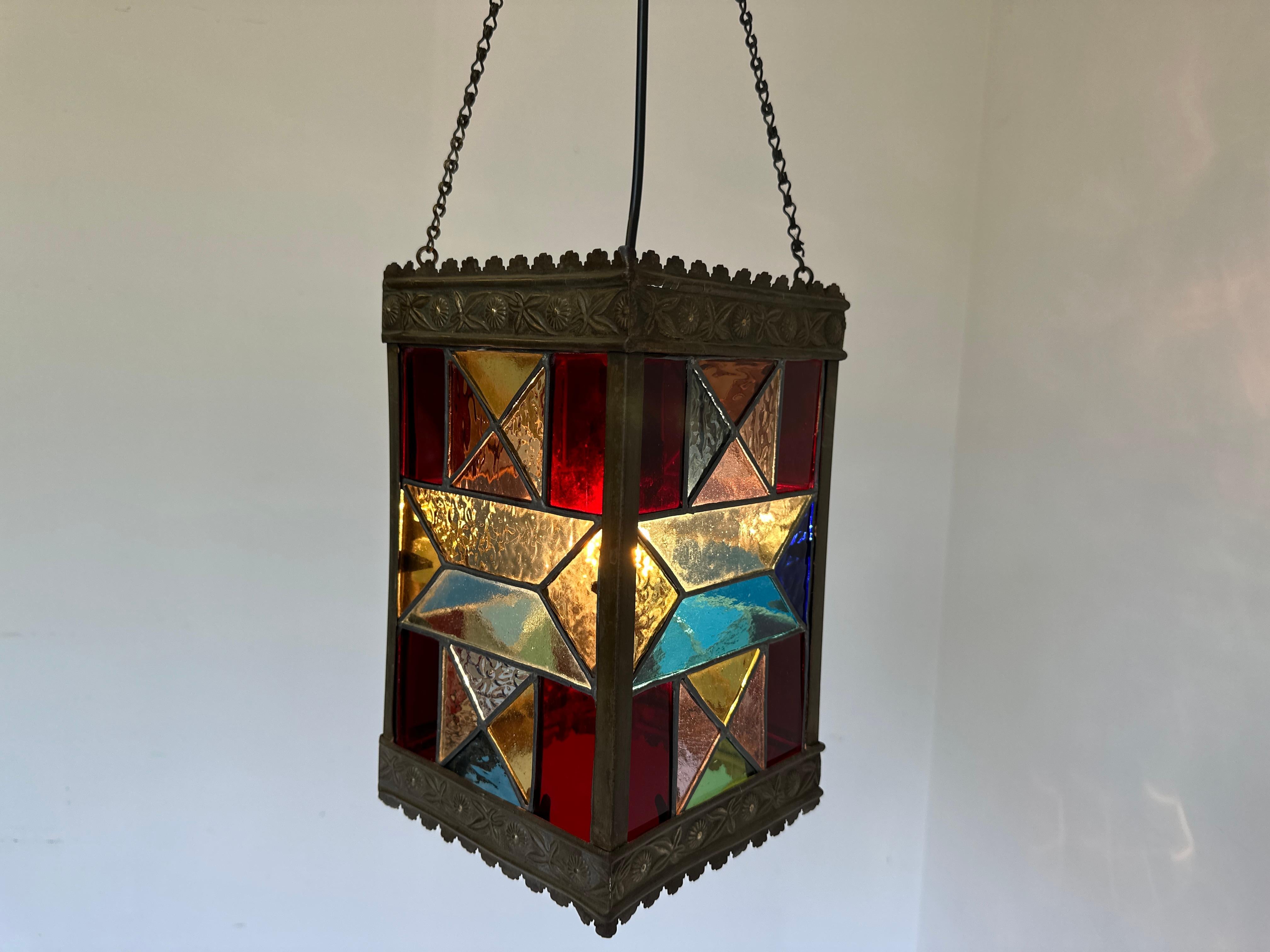 Brass Dutch 1920 art deco stained glass arts & crafts lantern light pendant hallway  For Sale