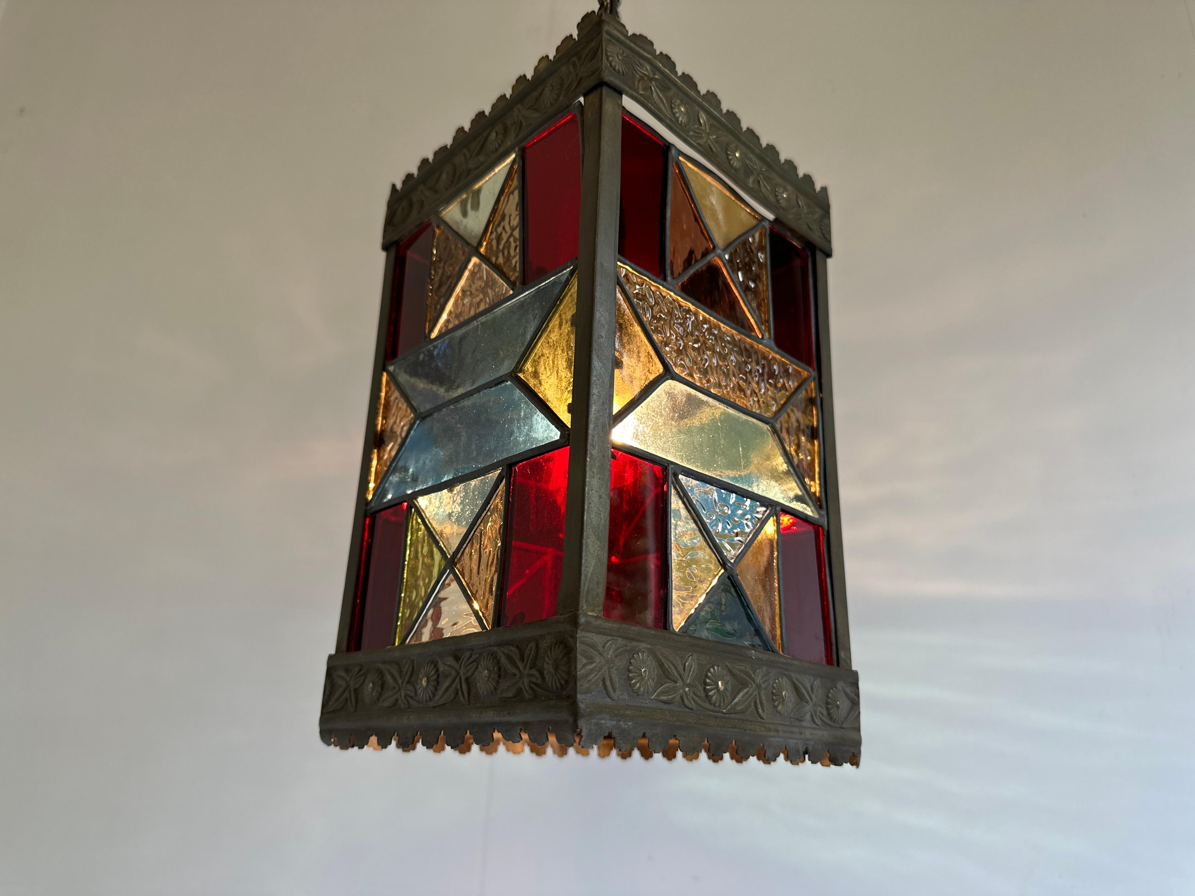 Dutch 1920 art deco stained glass arts & crafts lantern light pendant hallway  For Sale 1