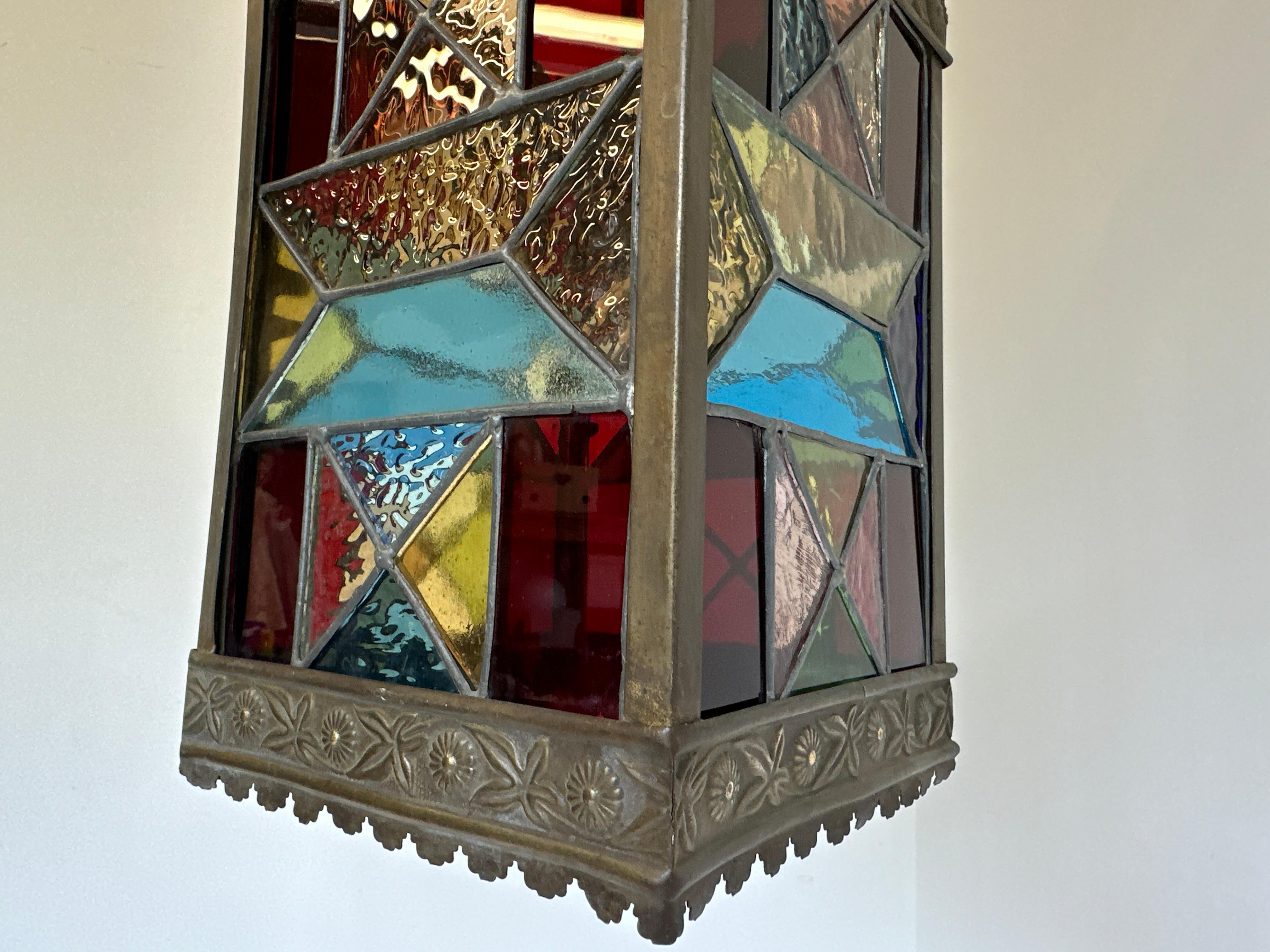 Dutch 1920 art deco stained glass arts & crafts lantern light pendant hallway  For Sale 2
